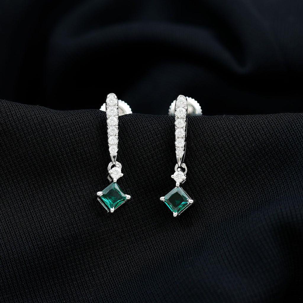 Princess Cut 0.7 Carat Lab Grown Emerald Drop Earrings with Moissanite