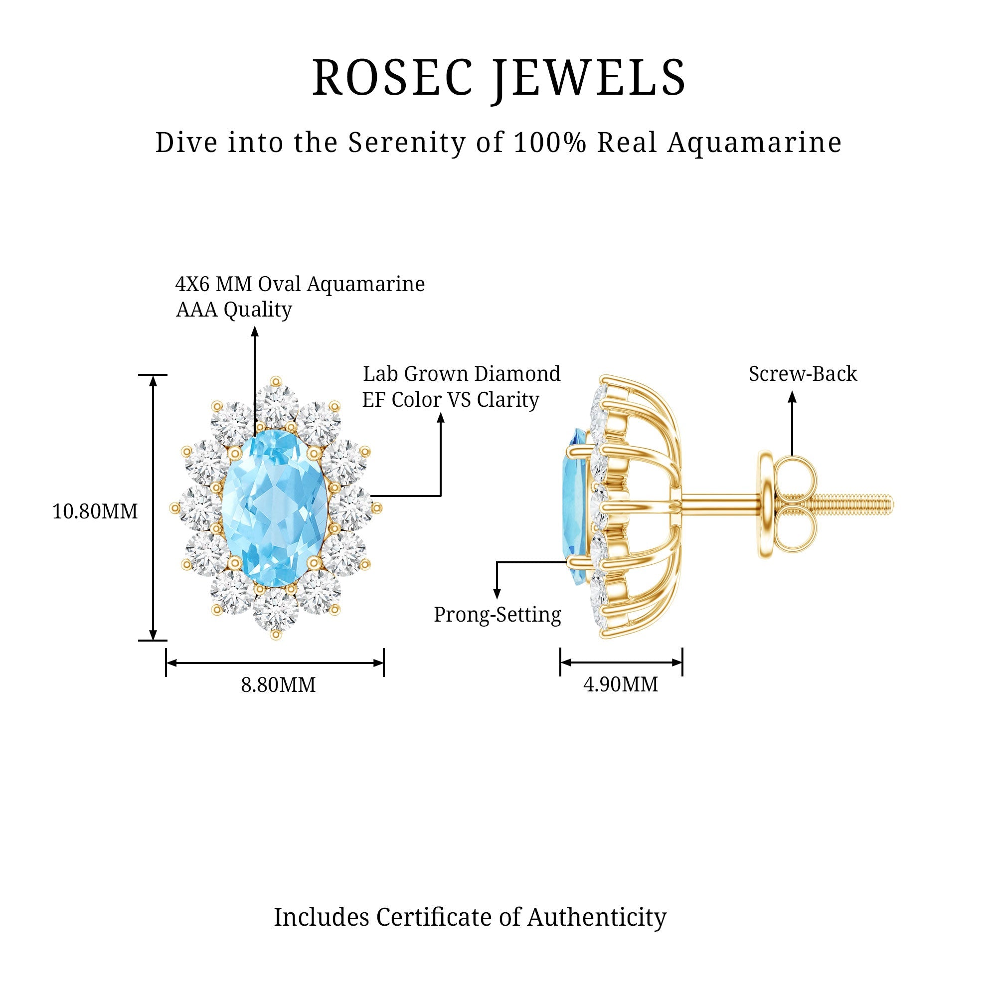 Real 0.8 Carat Oval Aquamarine Stud Earrings with Lab Diamond Halo