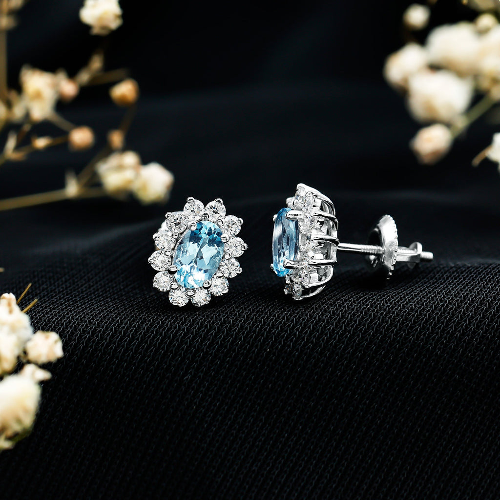 Real 0.8 Carat Oval Aquamarine Stud Earrings with Lab Diamond Halo