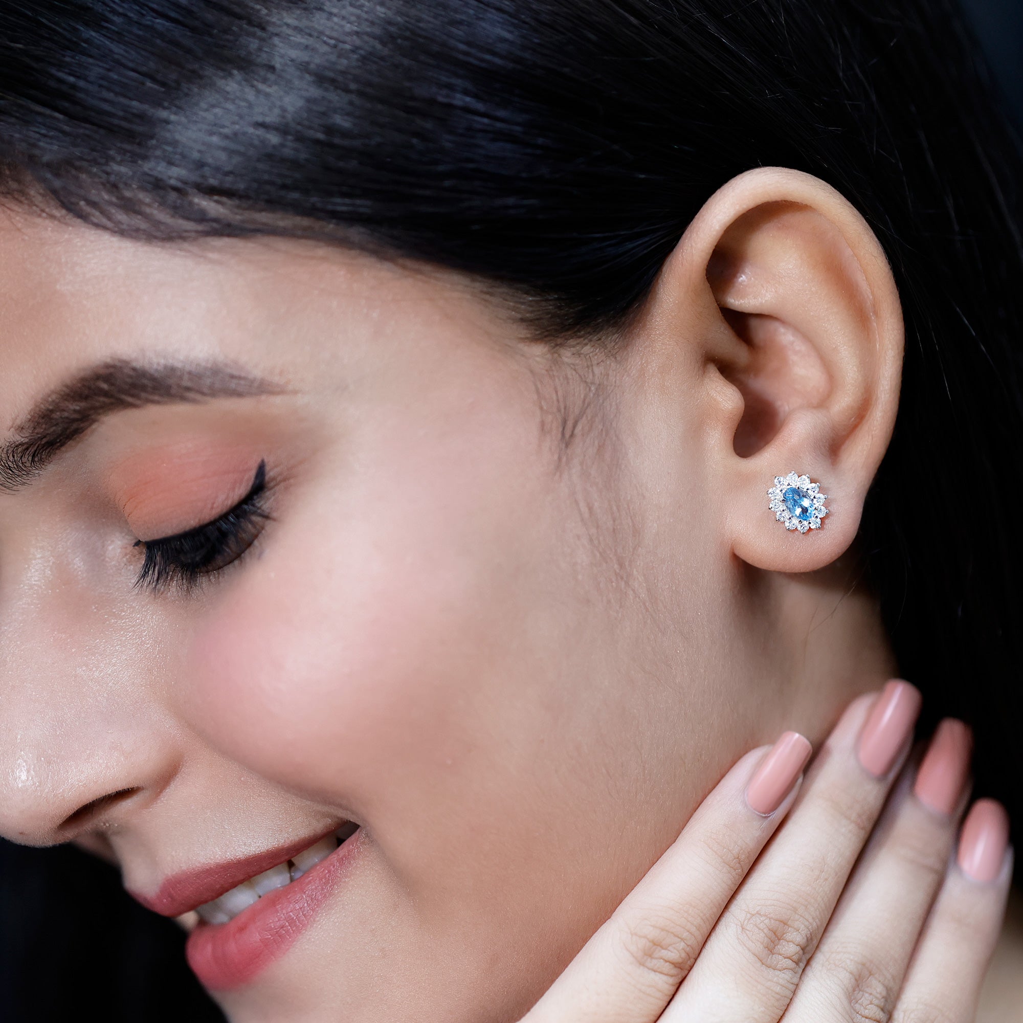 Real 0.8 Carat Oval Aquamarine Stud Earrings with Lab Diamond Halo