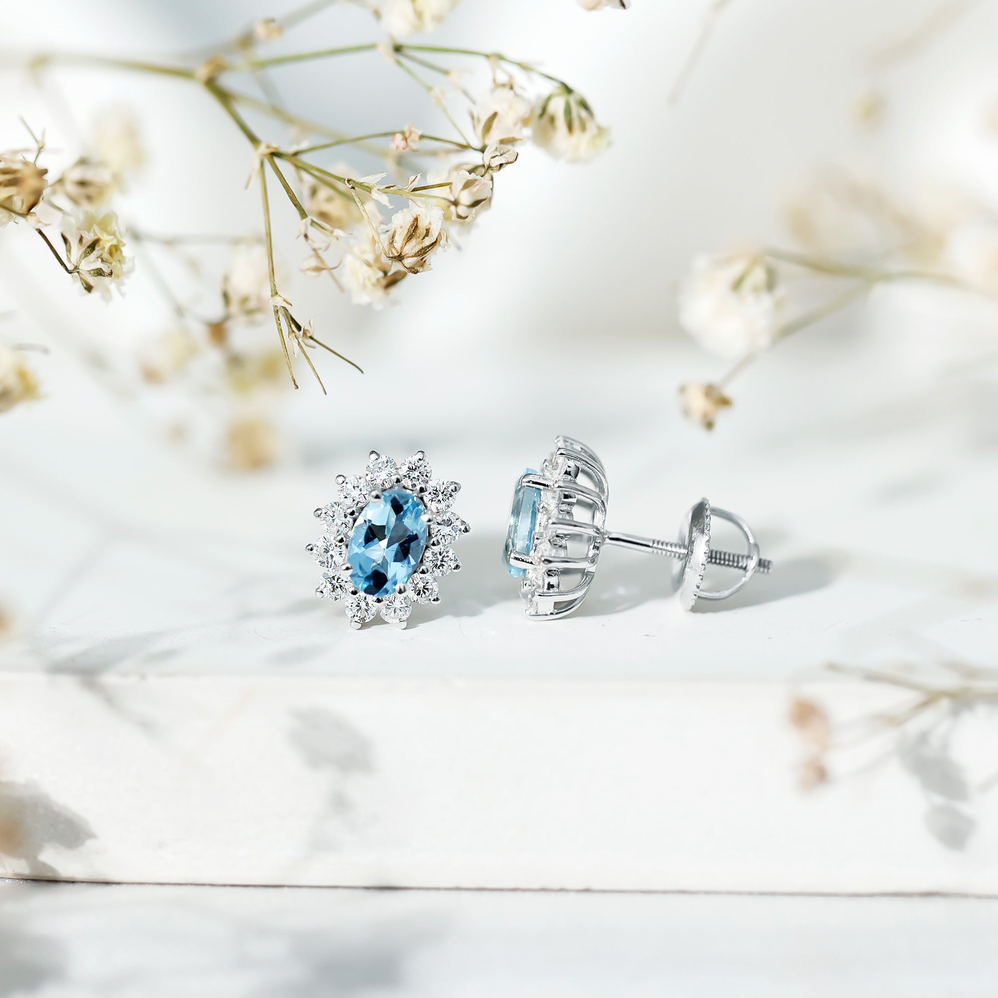 Real 0.8 Carat Oval Aquamarine Stud Earrings with Lab Diamond Halo