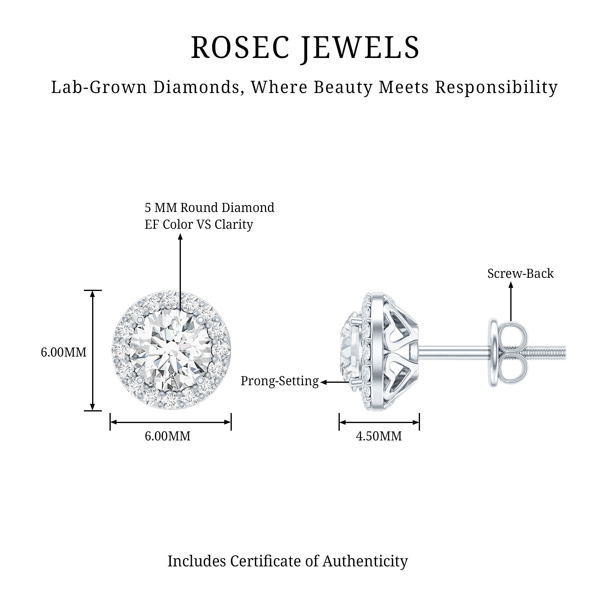 5 MM Round Lab Grown Diamond Halo Stud Earrings With Screw Back