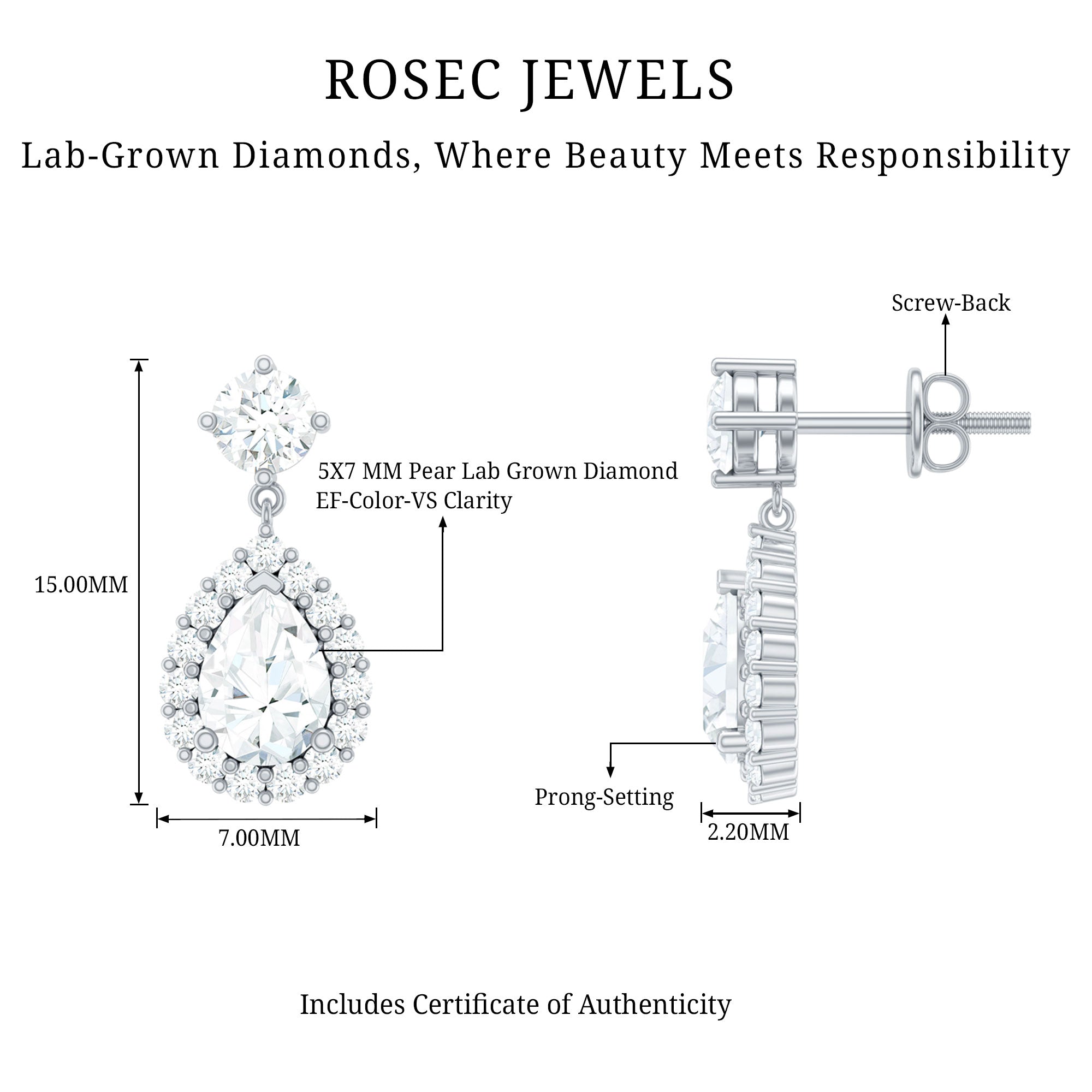 Lab 5X7MM Pear Shaped Diamond Bridal Drop Earrings