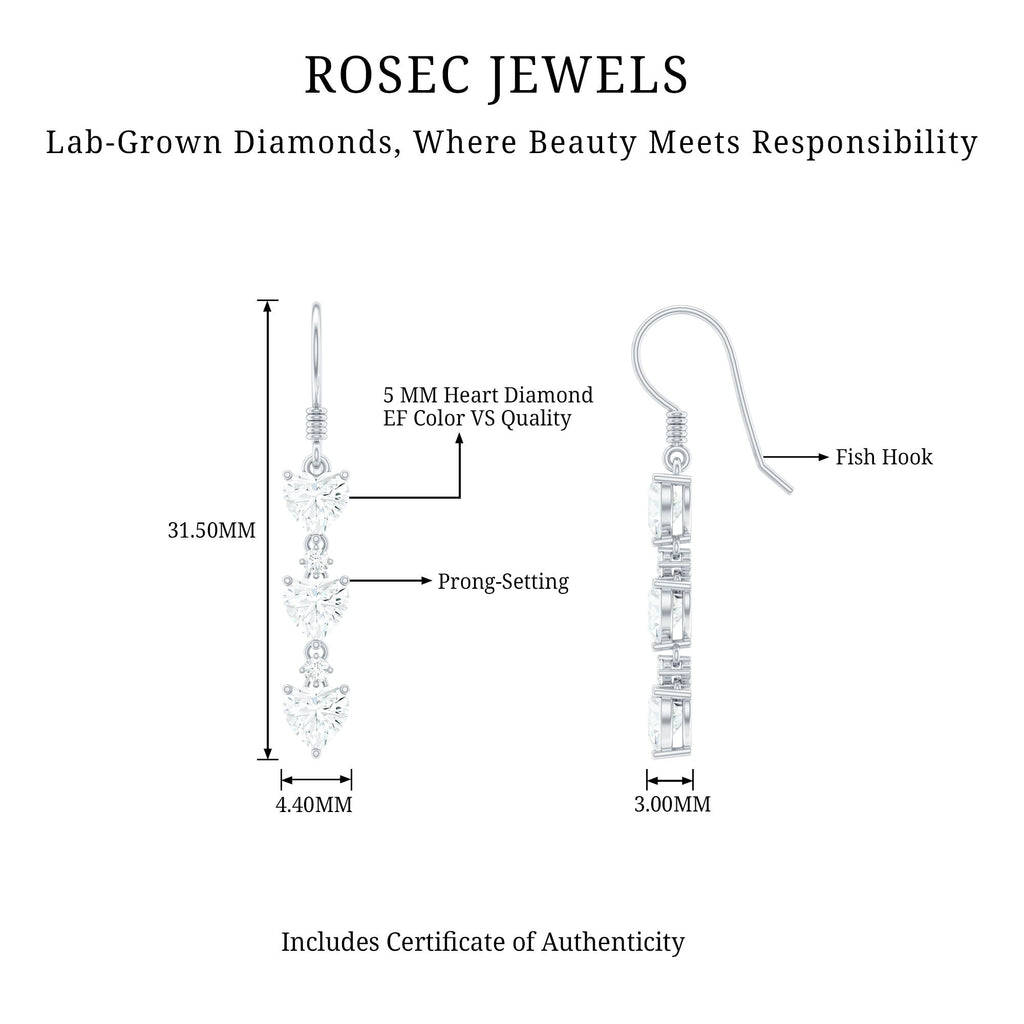 Certified Lab Heart Shaped Diamond Fish Hook Dangle Earrings