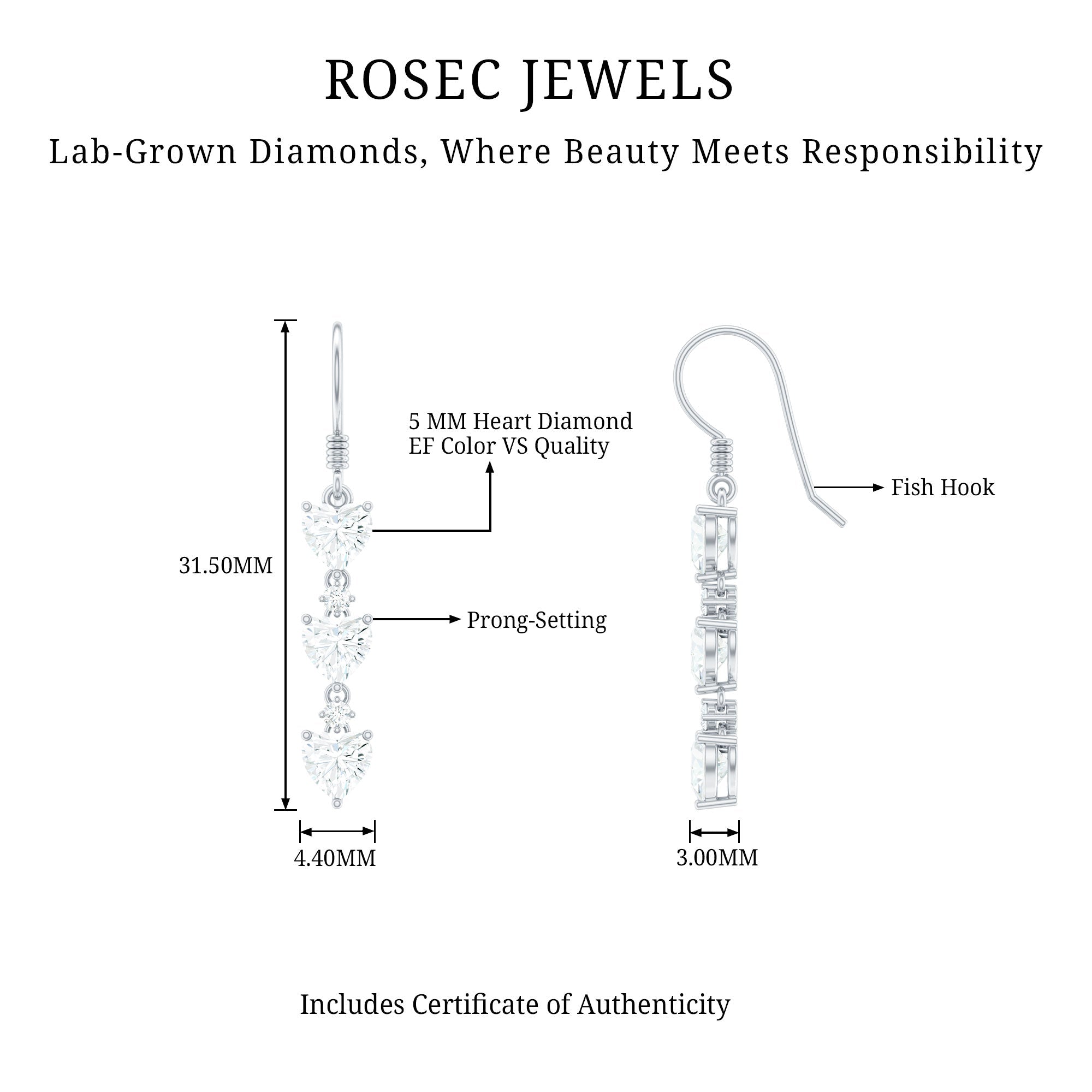 Certified Lab Heart Shaped Diamond Fish Hook Dangle Earrings