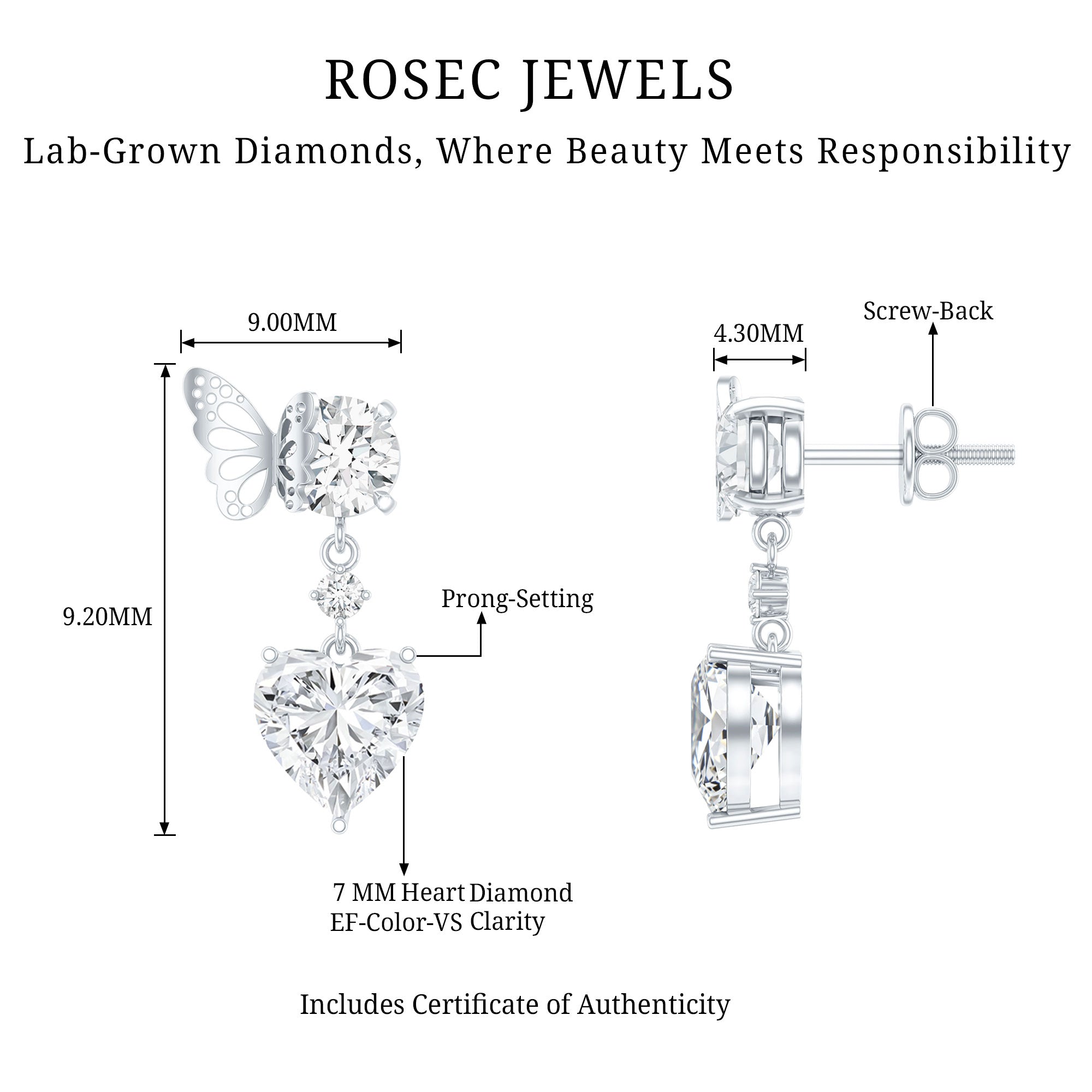 Heart Shaped Lab Grown Diamond Butterfly Drop Earrings