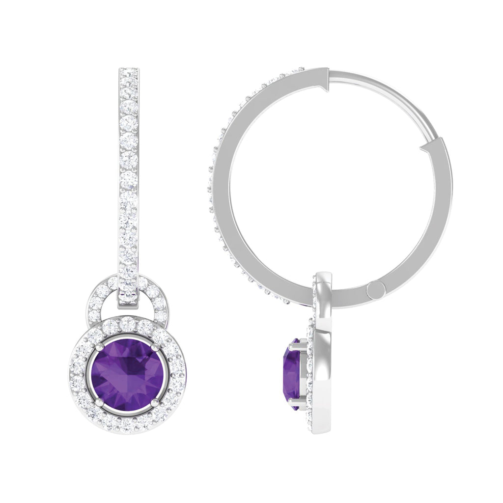 Real Amethyst Drop Hoop Earrings with Moissanite Halo