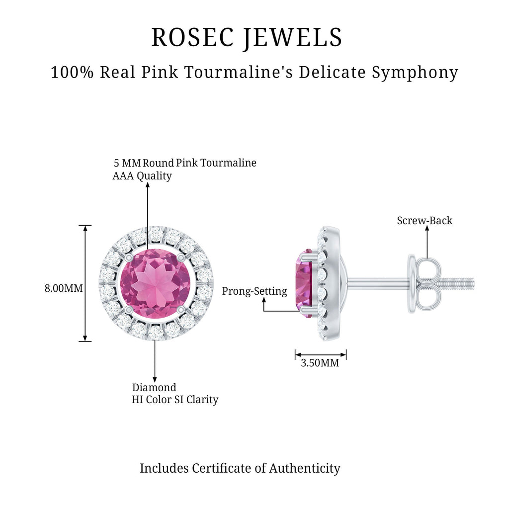 Natural Pink Tourmaline and Diamond Halo Stud Earrings