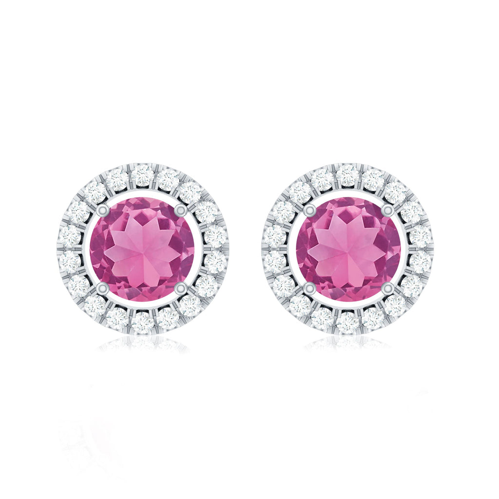 Natural Pink Tourmaline and Diamond Halo Stud Earrings