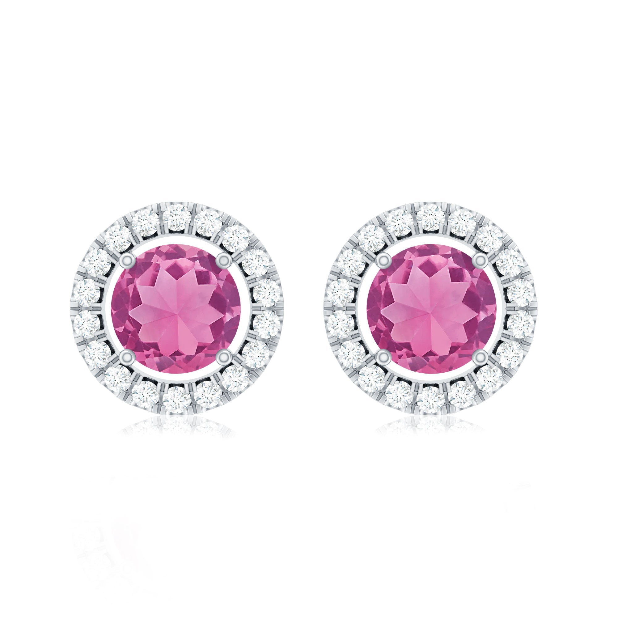 Natural Pink Tourmaline and Diamond Halo Stud Earrings
