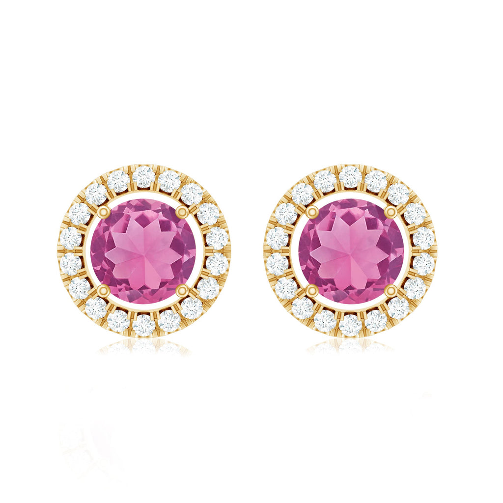 Natural Pink Tourmaline and Diamond Halo Stud Earrings