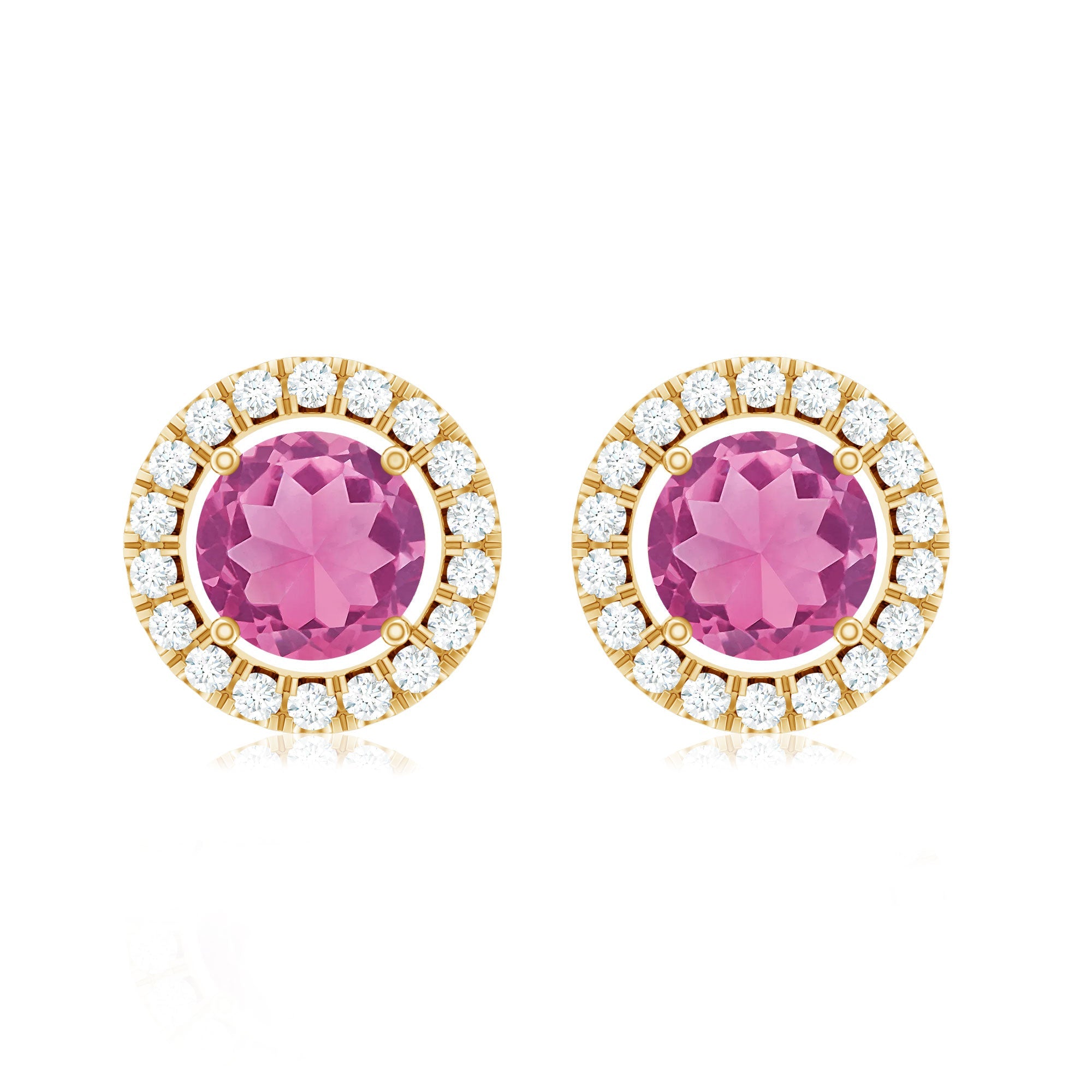 Natural Pink Tourmaline and Diamond Halo Stud Earrings