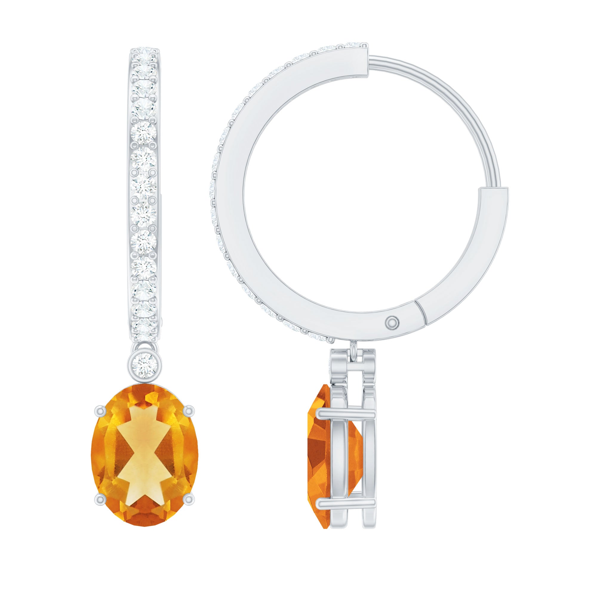 Oval Shape Citrine Hoop Drop Earrings with Diamond