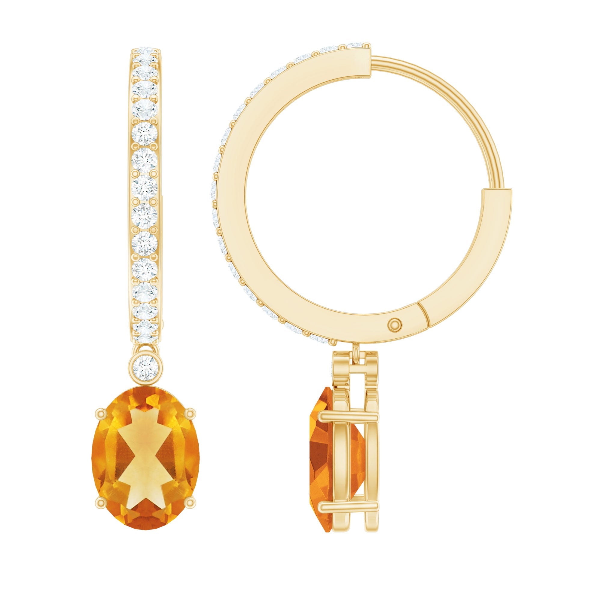 Oval Shape Citrine Hoop Drop Earrings with Diamond