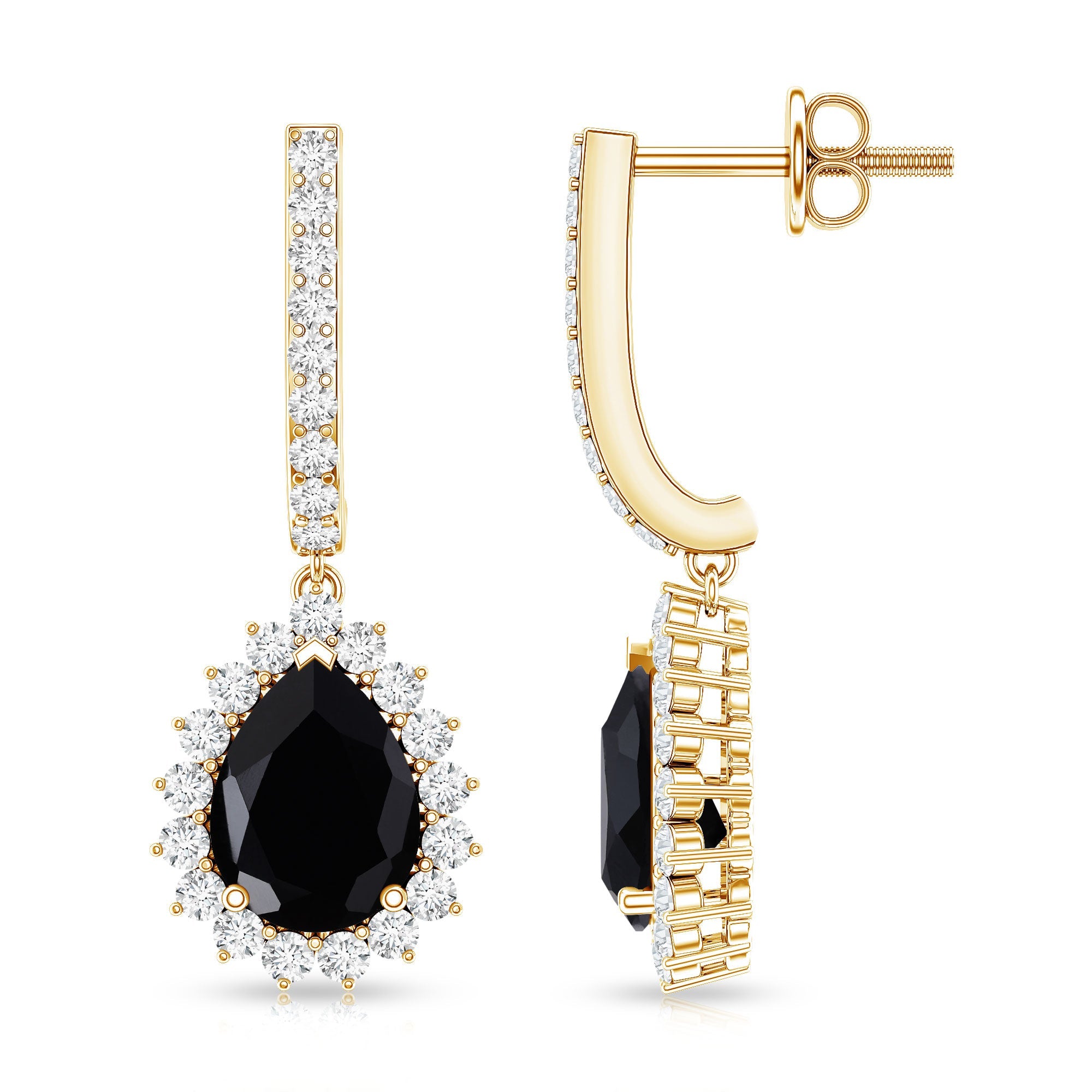 Natural 6X8mm Black Spinel Teardrop Earrings with Moissanite Halo