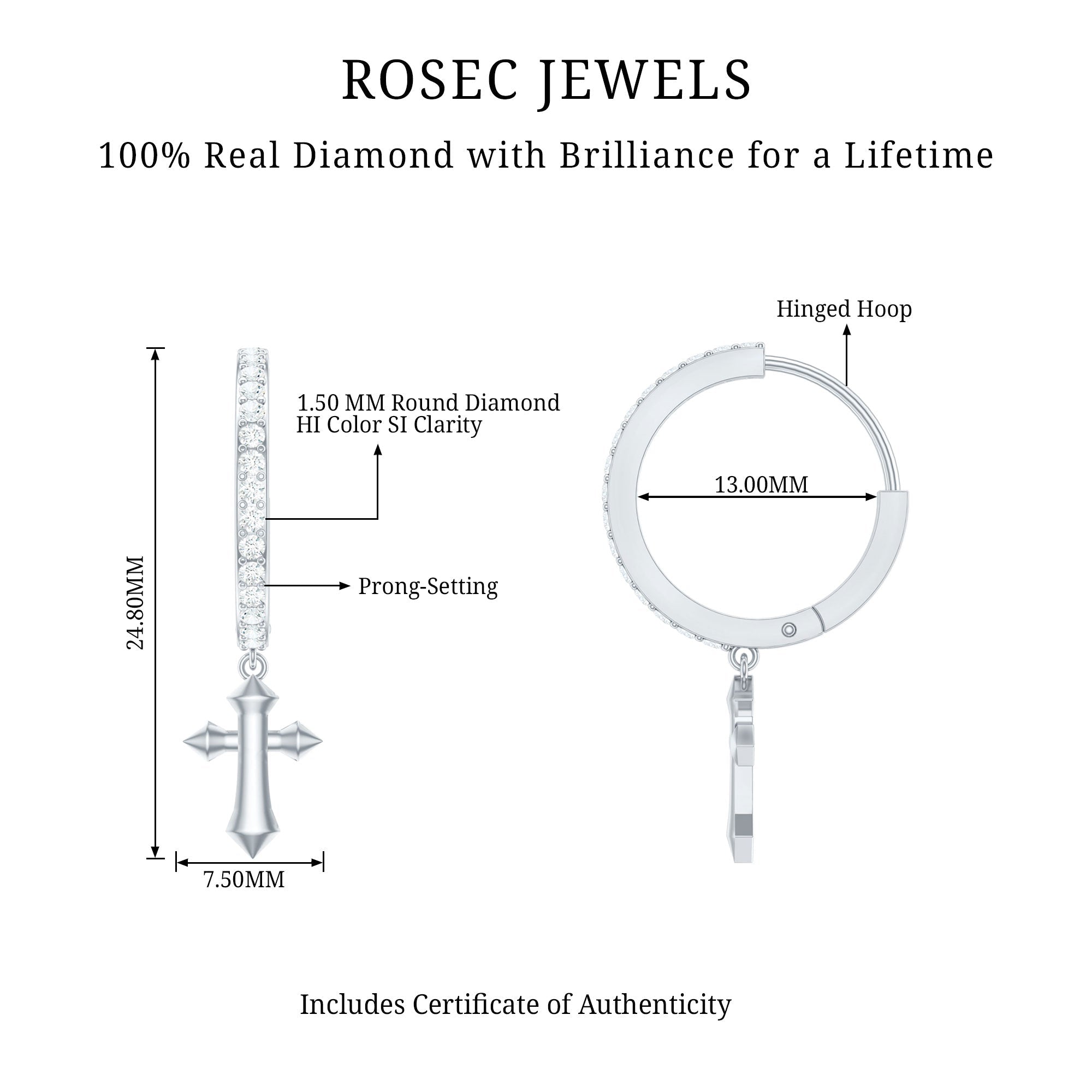 Certified Diamond Cross Drop Hoop Earrings