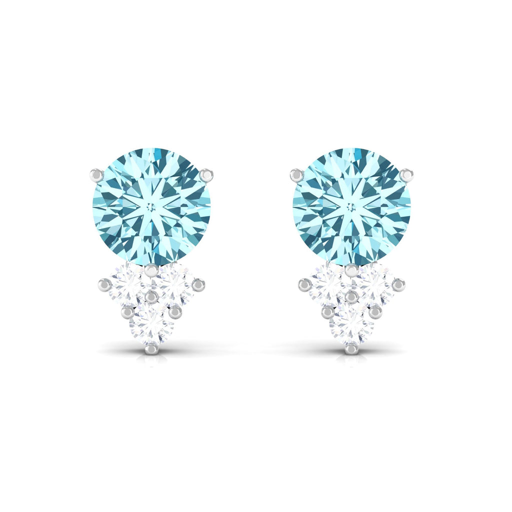 2 CT Natural Aquamarine Stud Earrings with Diamond Trio