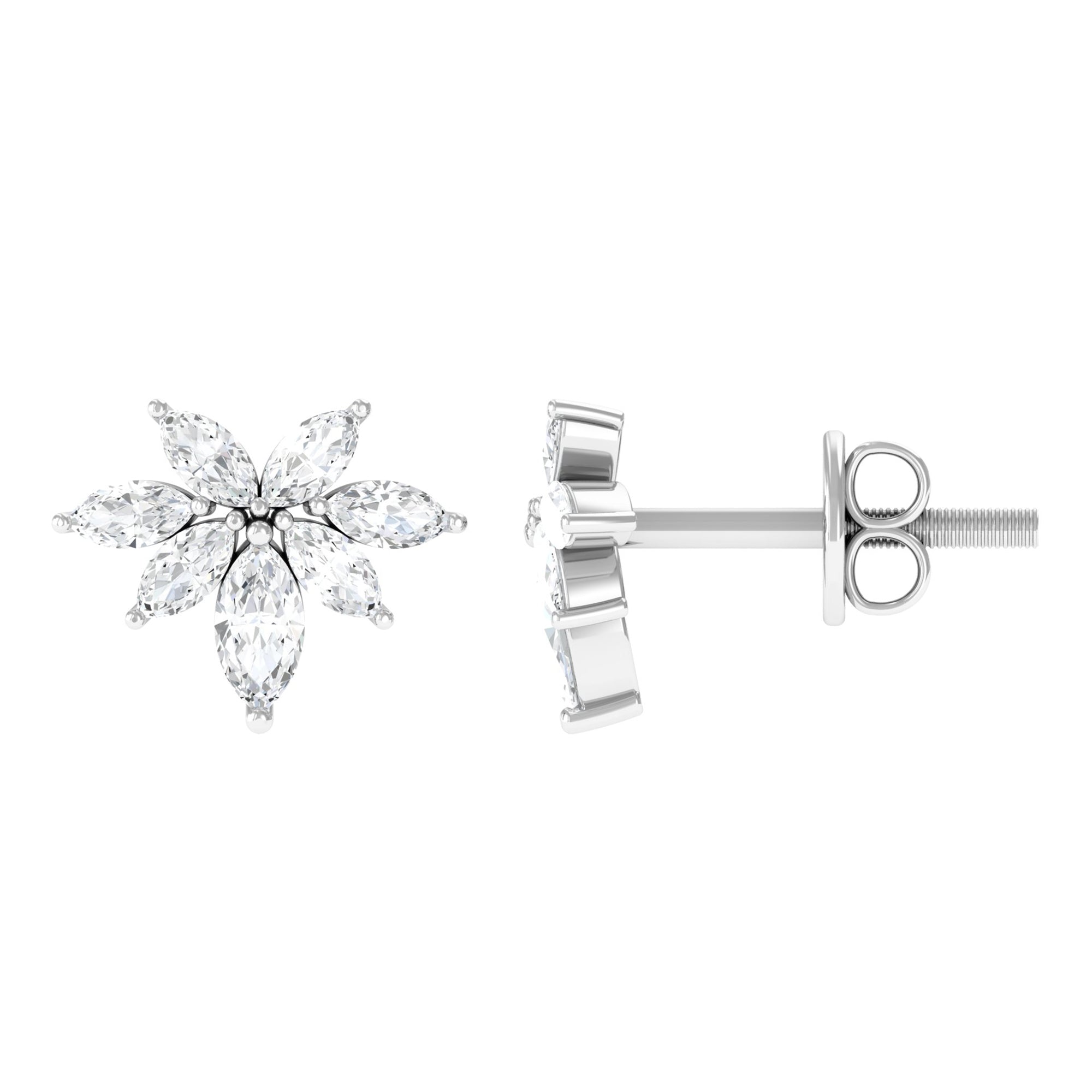 Marquise Cut Real Diamond Cluster Flower Stud Earrings