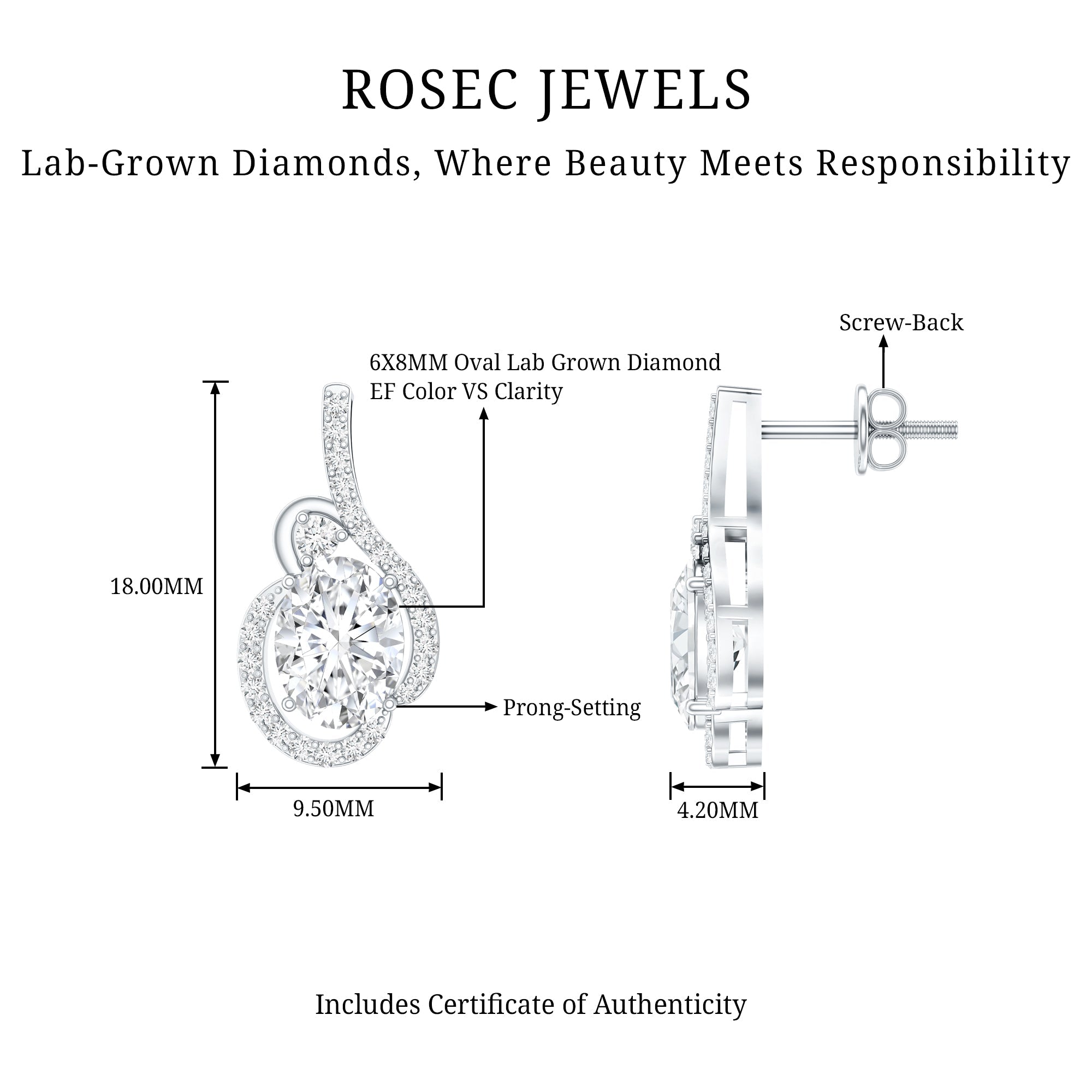 Certified 6X8 MM Oval Lab Grown Diamond Designer Stud Earrings