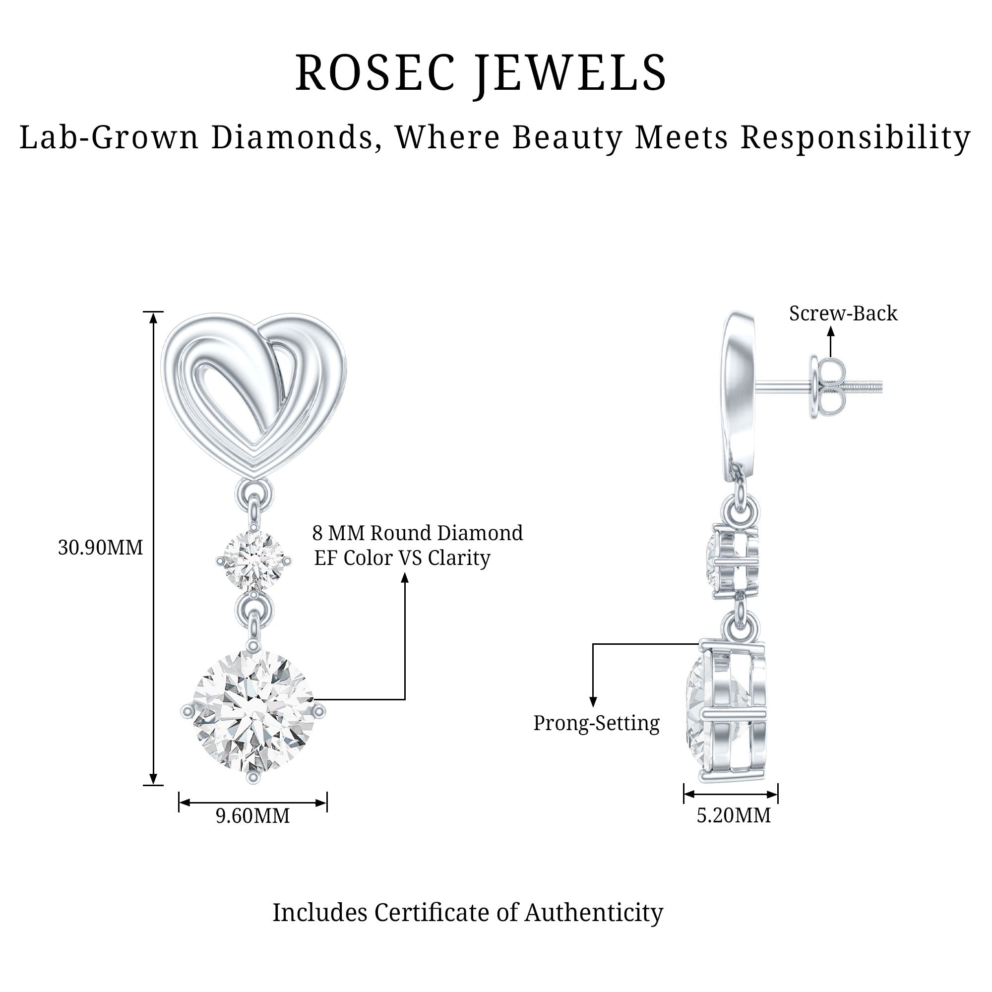 Certified Lab Grown Diamond Heart Dangle Drop Earrings