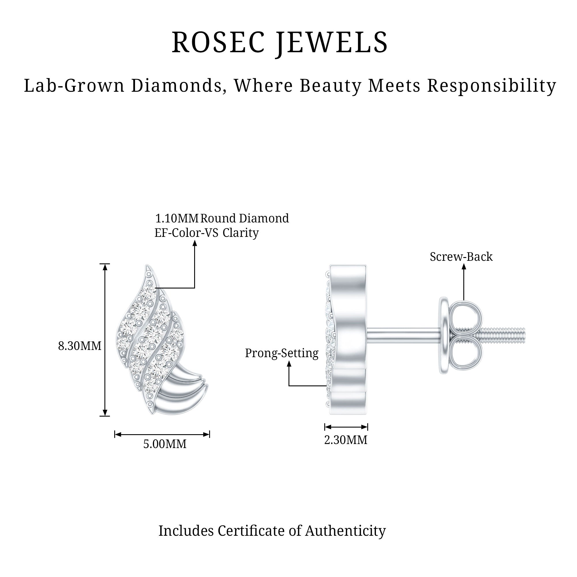Certified Lab Grown Diamond Leaf Stud Earrings With Screw Back