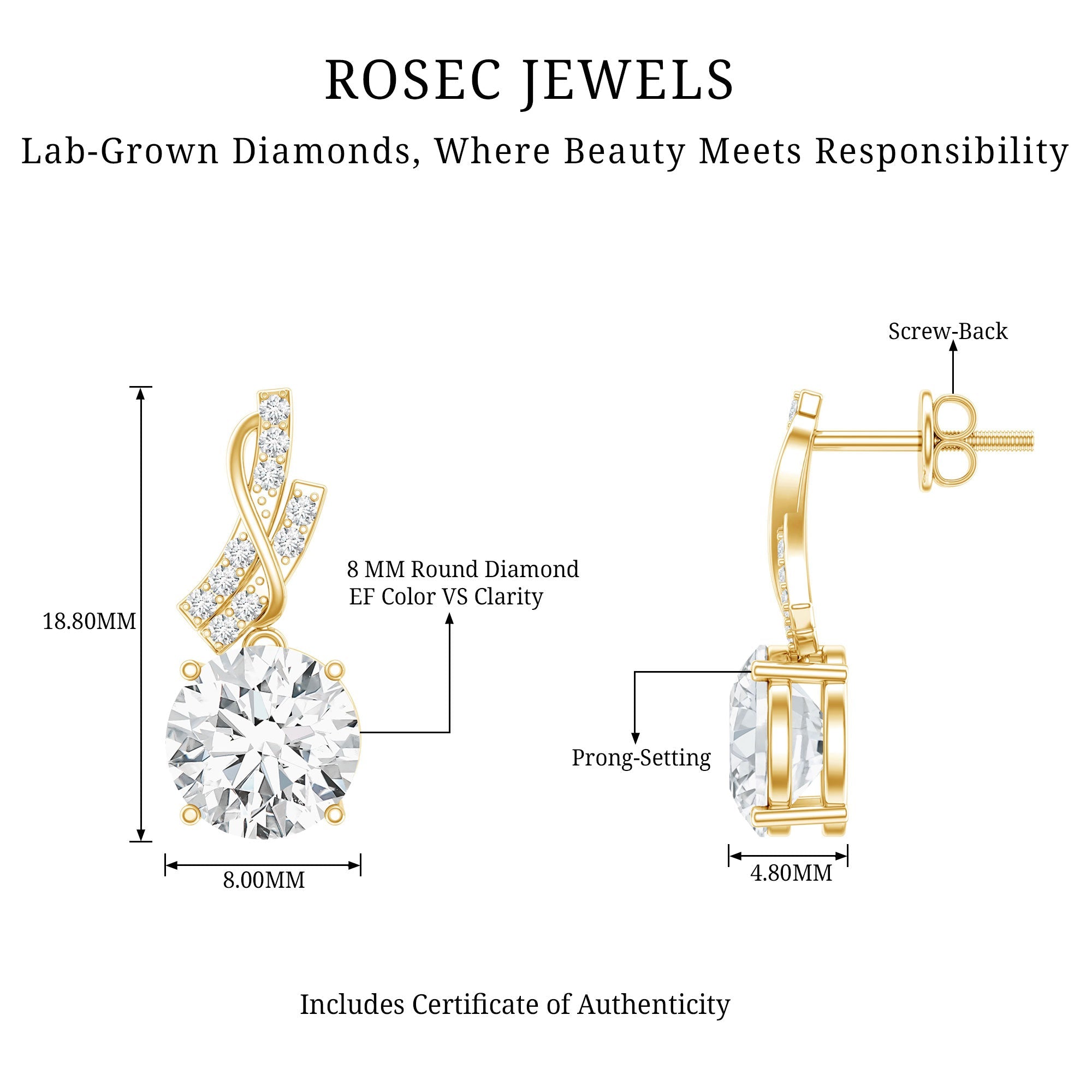 Certified Lab 8 mm Round Diamond Designer Drop Earrings