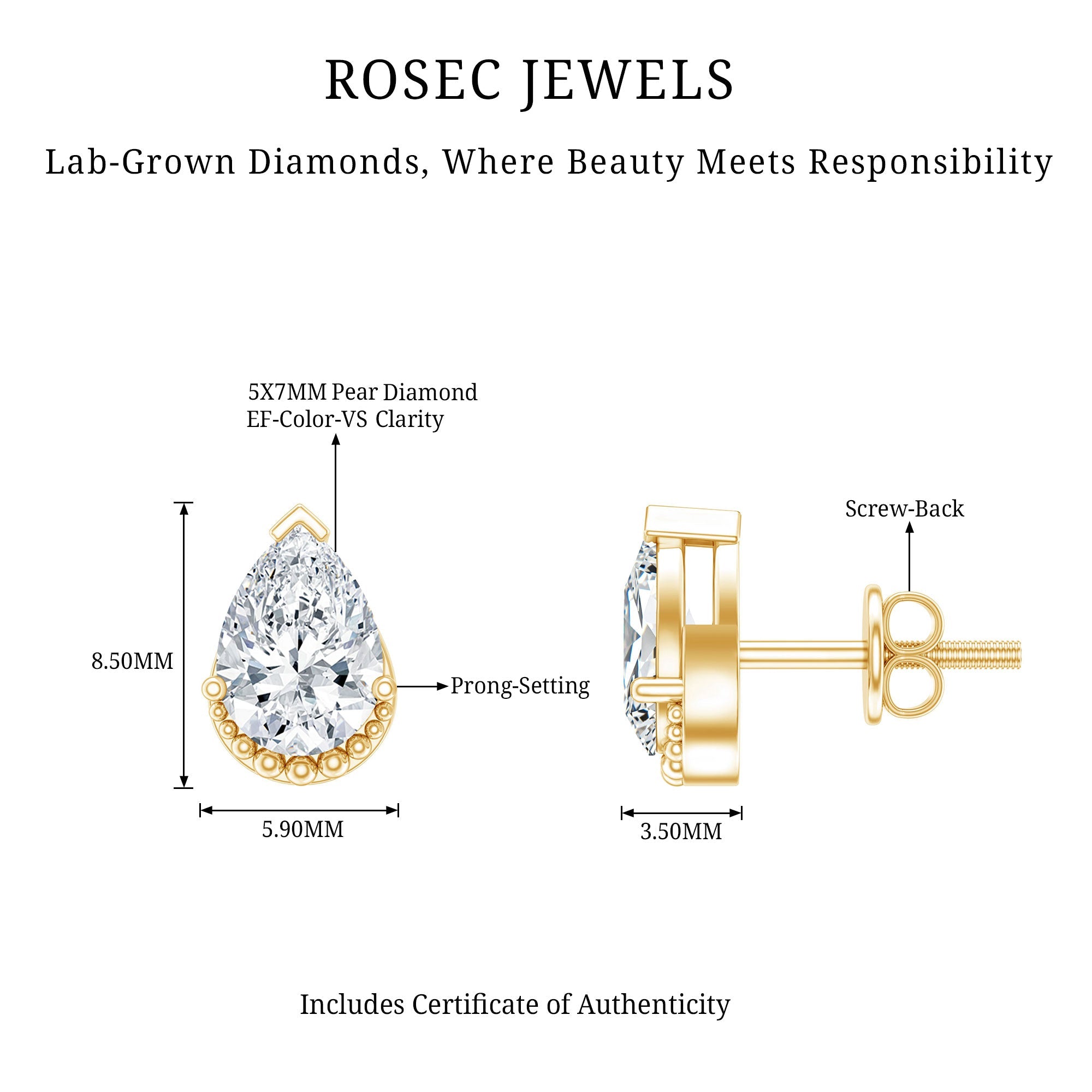 Certified Lab 5X7 MM Pear Diamond Designer Stud Earrings