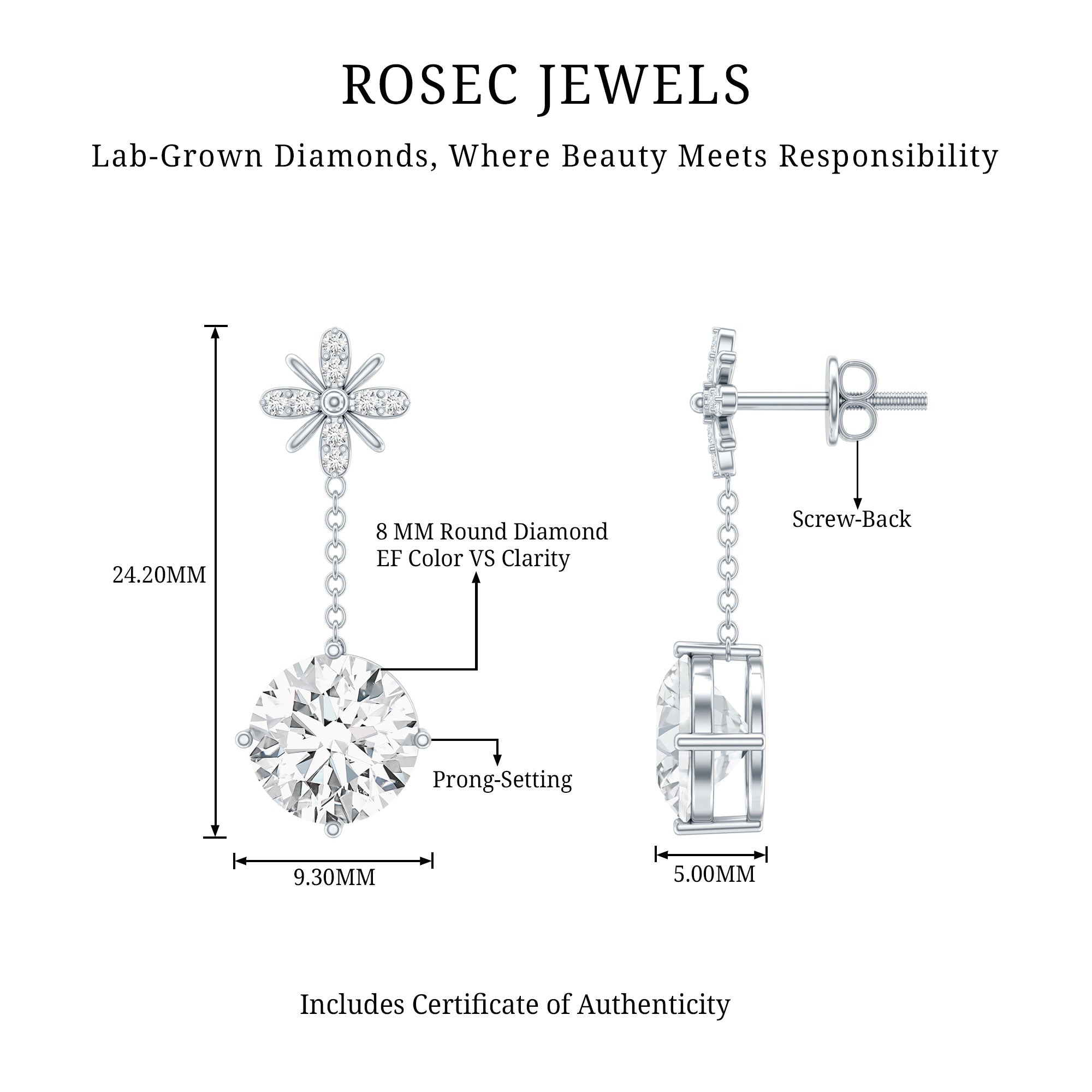 Certified 8 MM Round Lab Grown Diamond Flower Dangle Earrings
