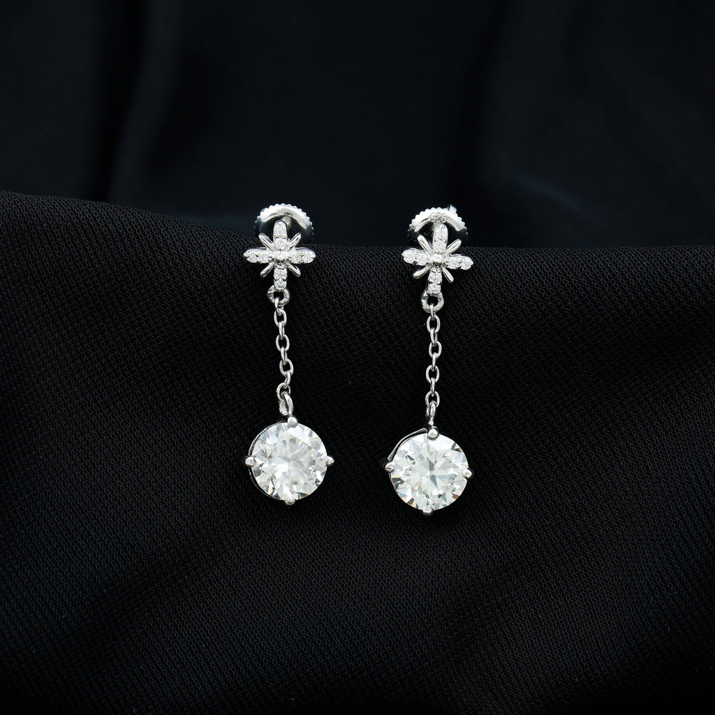 Certified 8 MM Round Lab Grown Diamond Flower Dangle Earrings