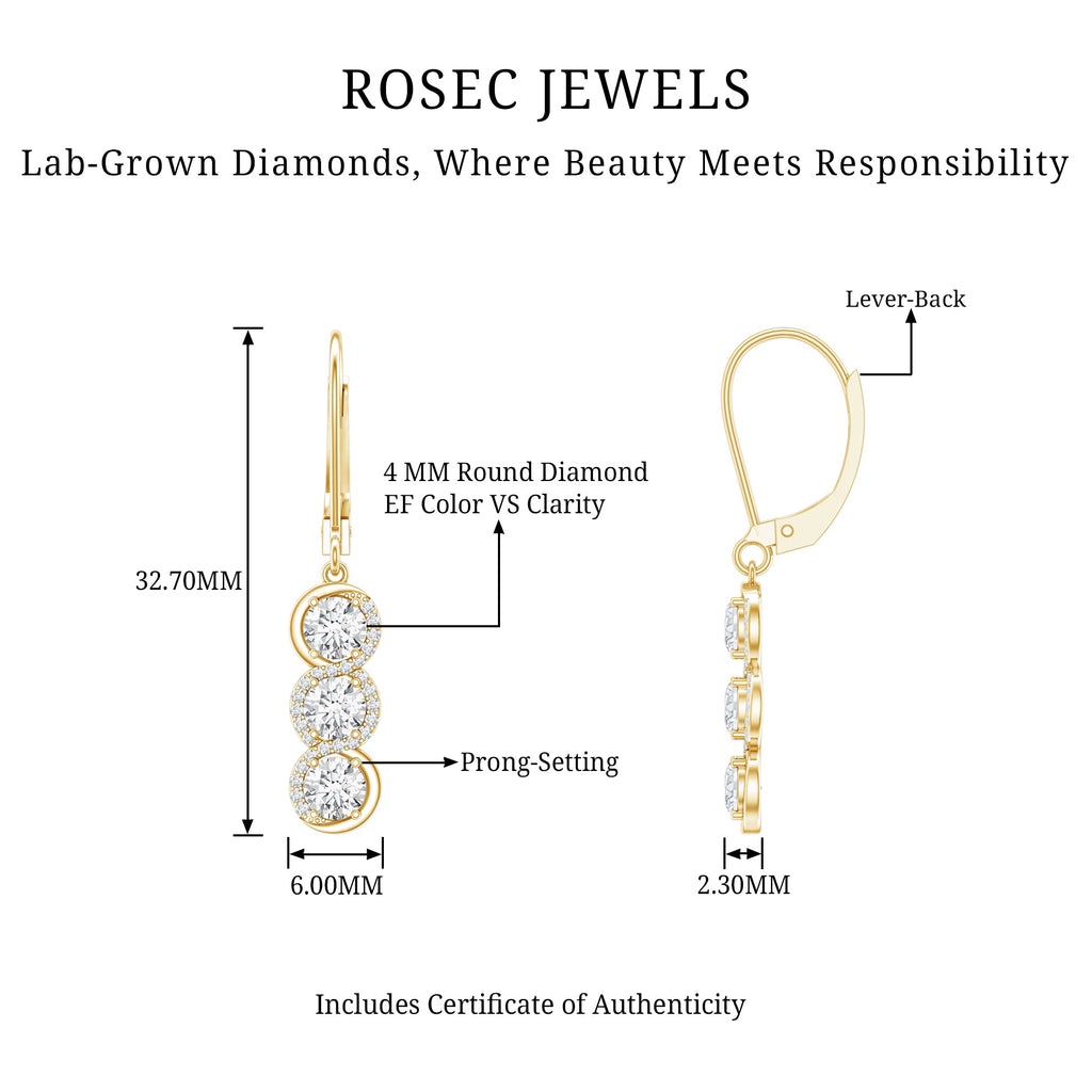 Certified Lab Grown Diamond 3 Stone Dangle Earrings