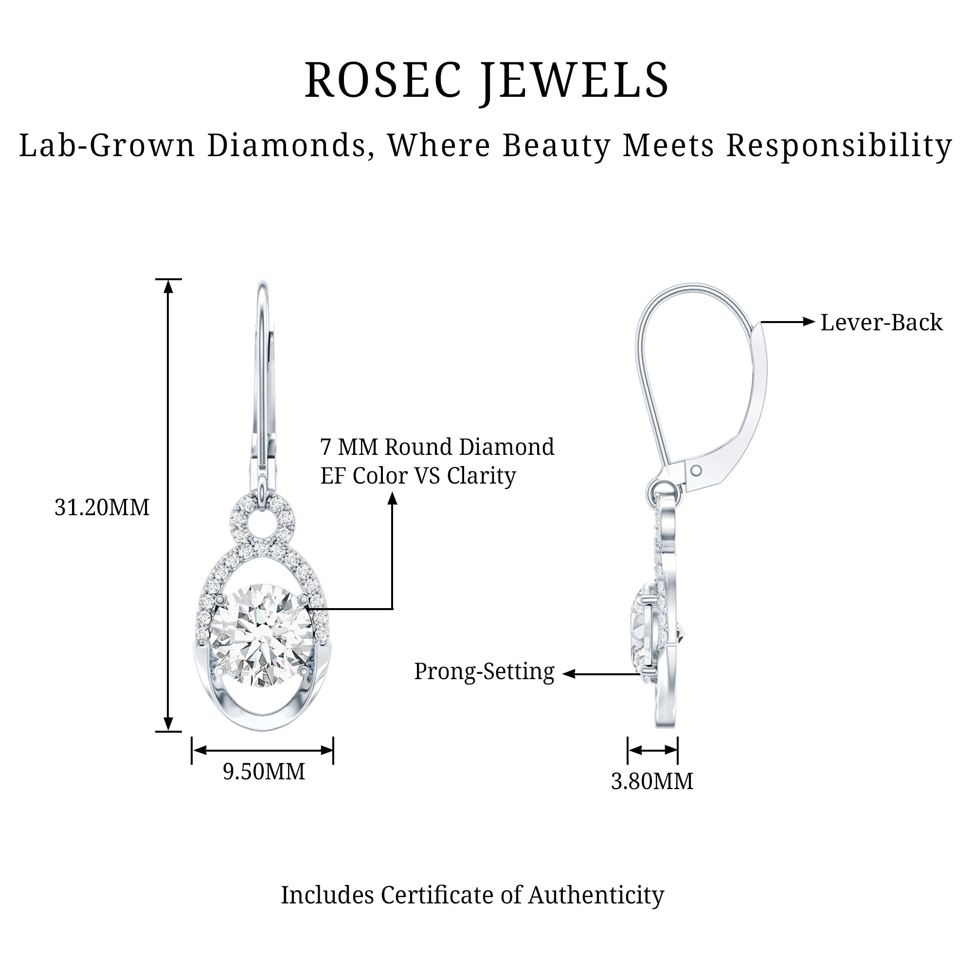 Certified 7 MM Round Lab Grown Diamond Drop Hoop Earrings