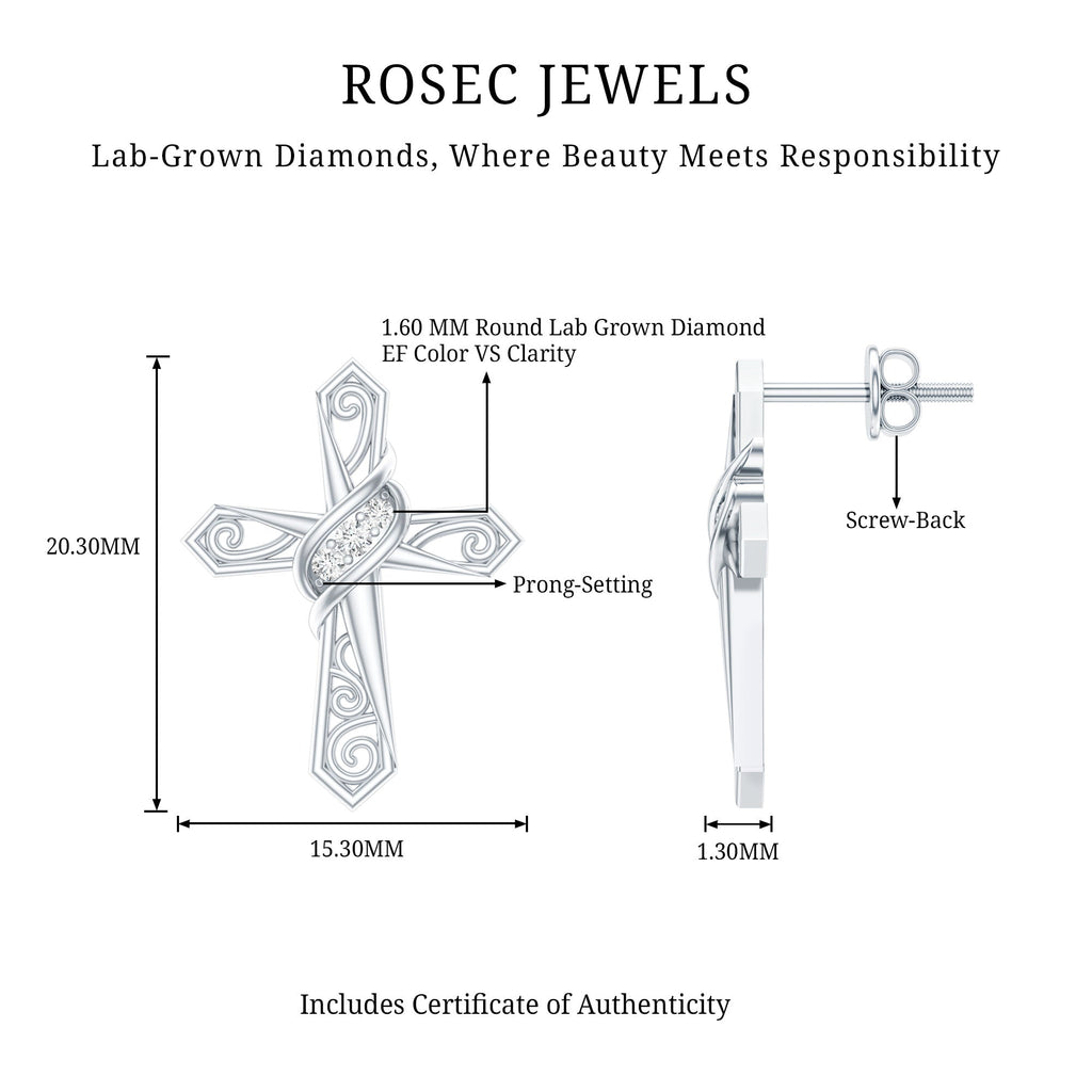 Certified Lab Grown Diamond Cross Art Deco Stud Earrings