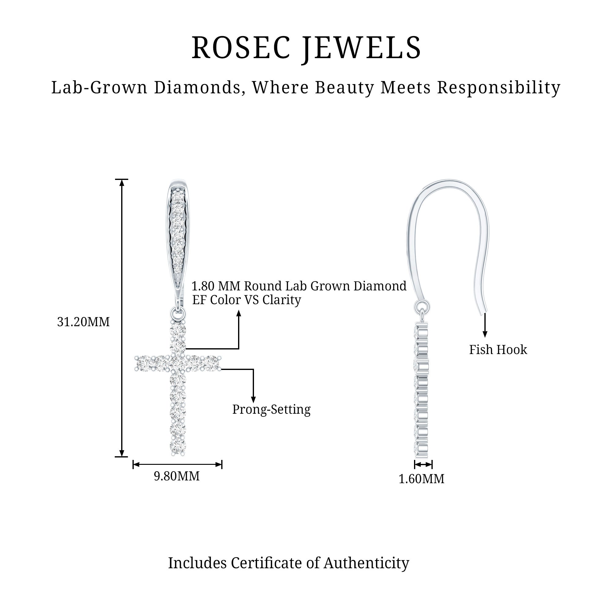Certified Lab Grown Diamond Cross Fish Hook Earrings