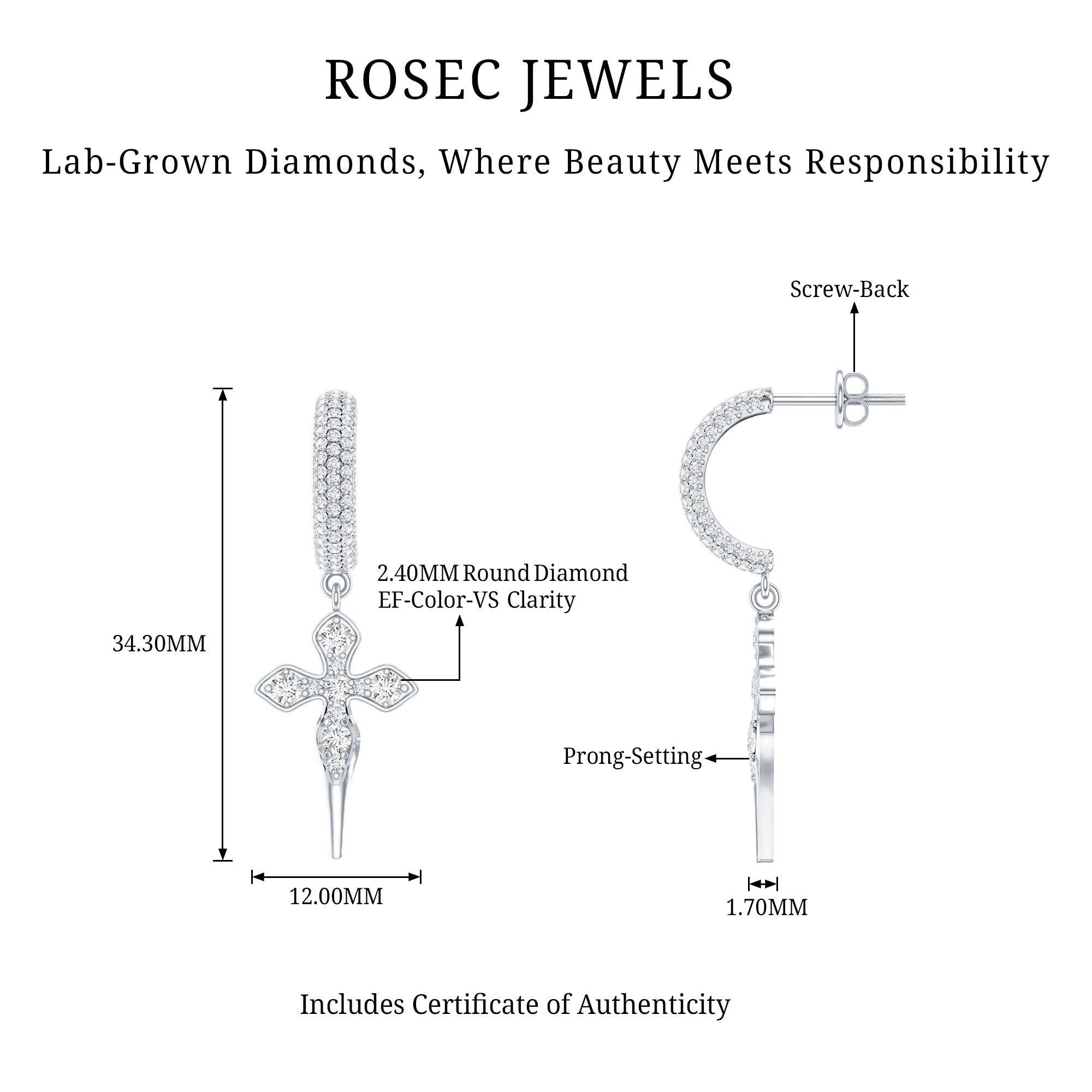 Lab Grown Diamond Designer Cross Earrings With Screw Back