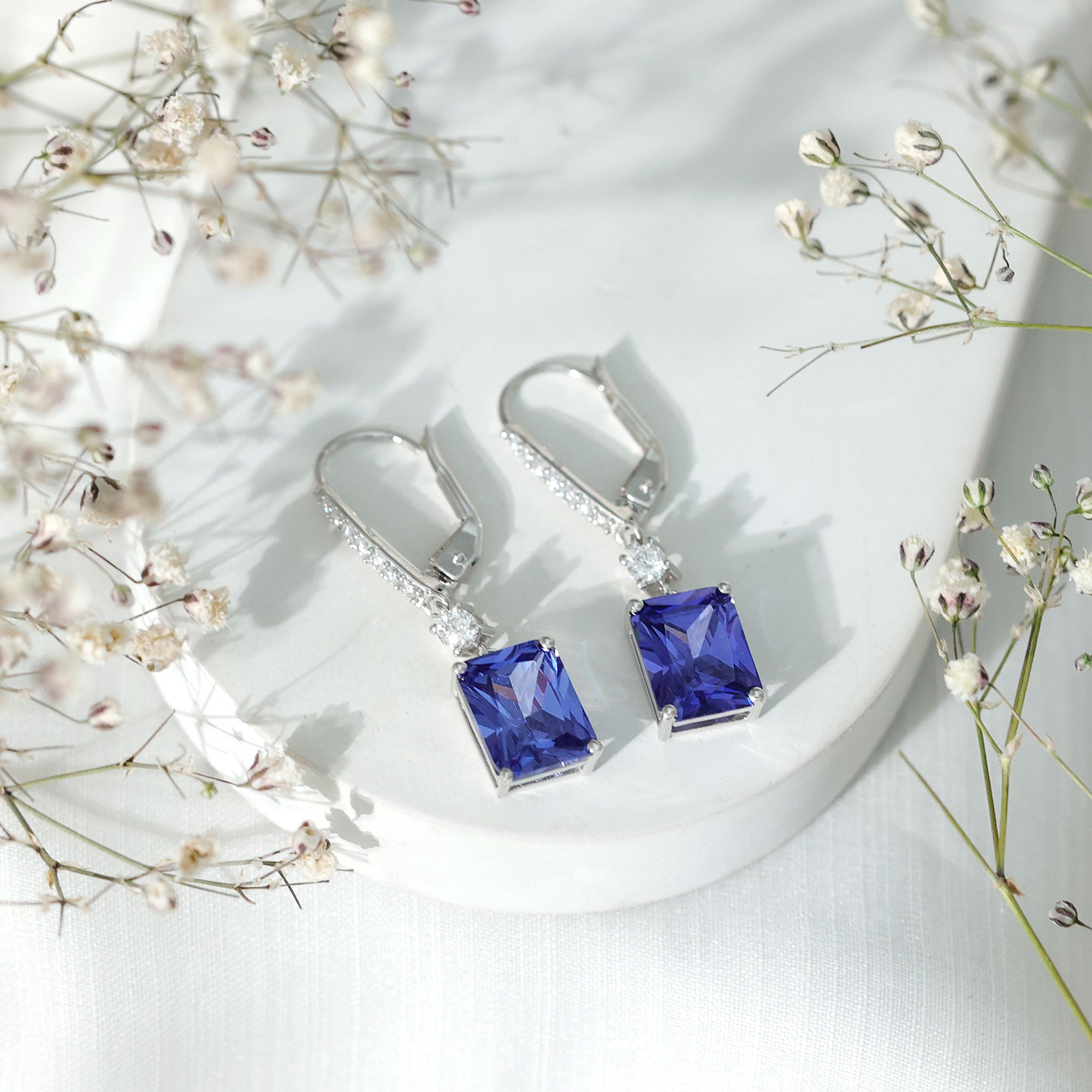 5.5 Carat Emerald Cut Lab Grown Blue Sapphire Drop Earrings in Silver
