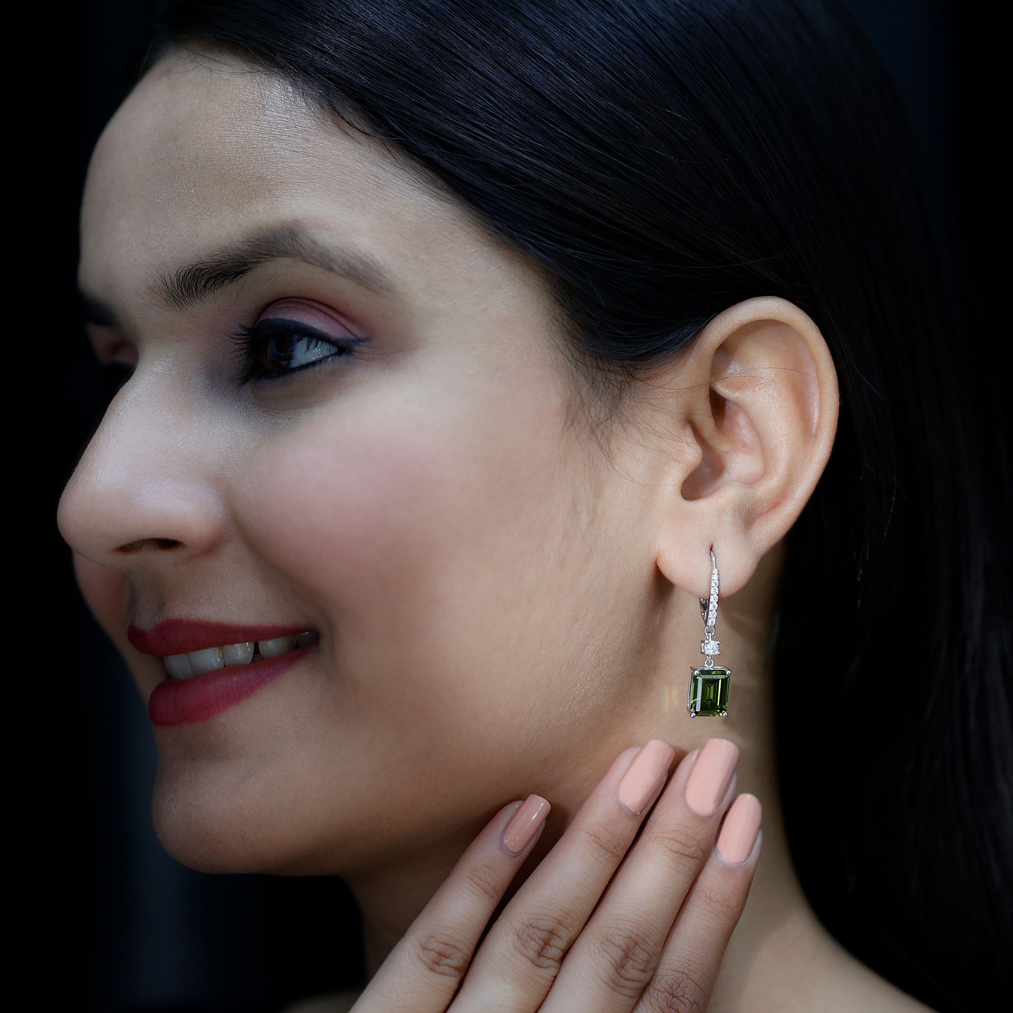 5.5 Carat Emerald Cut Lab Grown Green Sapphire Drop Earrings in Silver