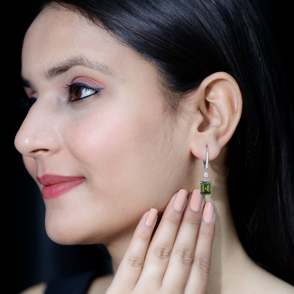 5.5 Carat Emerald Cut Lab Grown Green Sapphire Drop Earrings in Silver