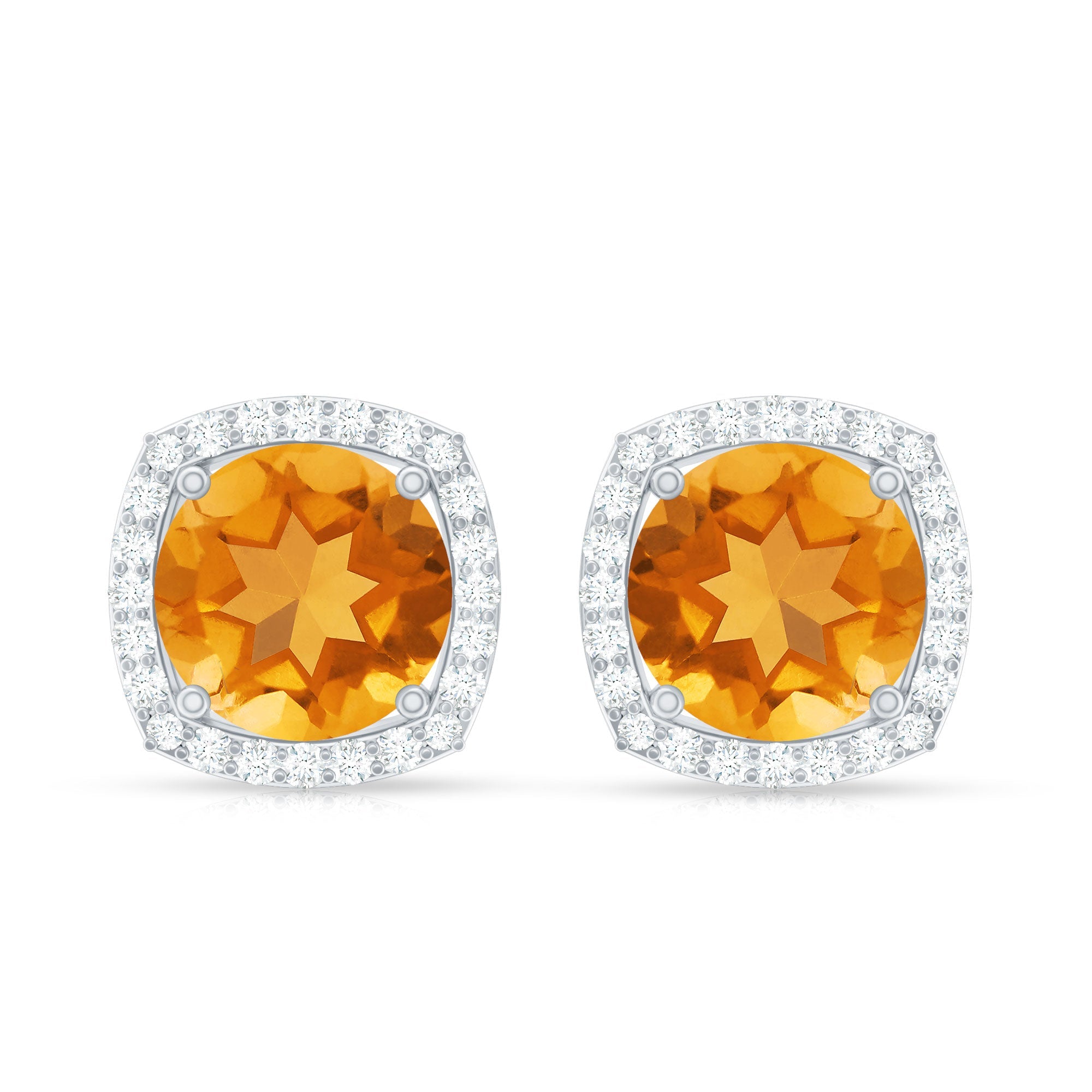Genuine 7mm Round Citrine Stud Earrings with Diamond Halo