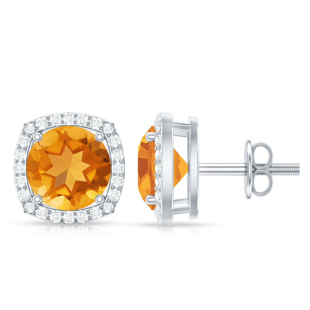 Genuine 7mm Round Citrine Stud Earrings with Diamond Halo