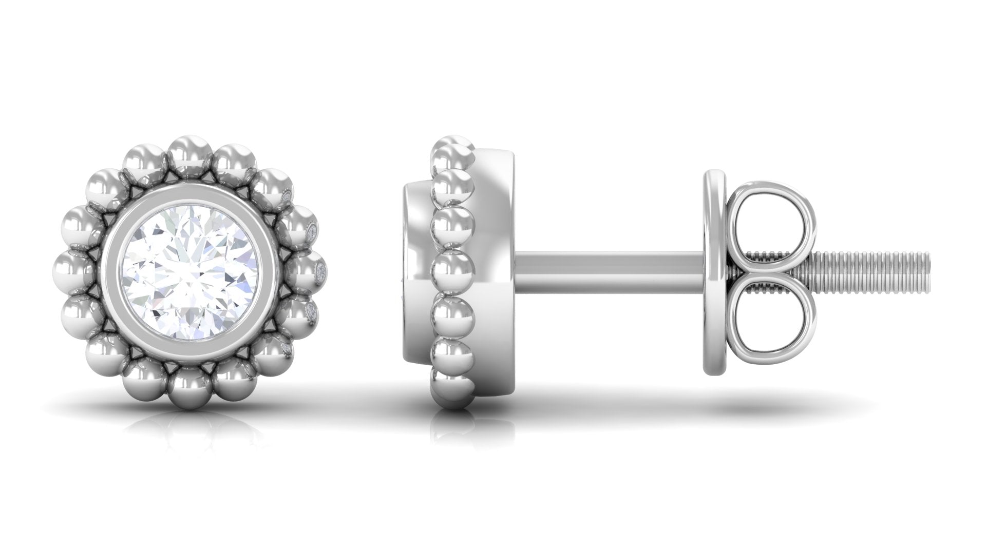 Real Diamond Solitaire Stud Earrings with Beaded Detail