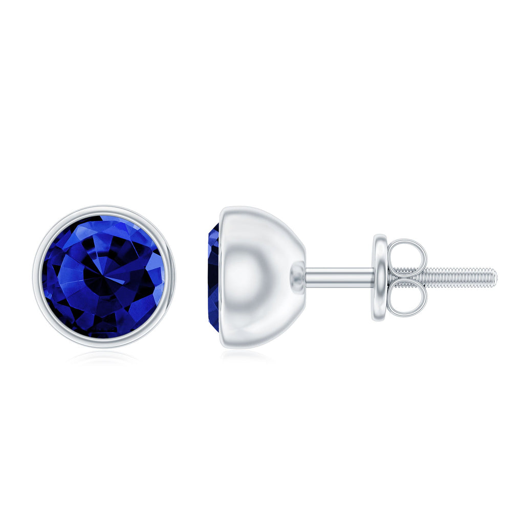 2 Carat Round Lab Created Blue Sapphire Stud Earrings in Bezel Setting