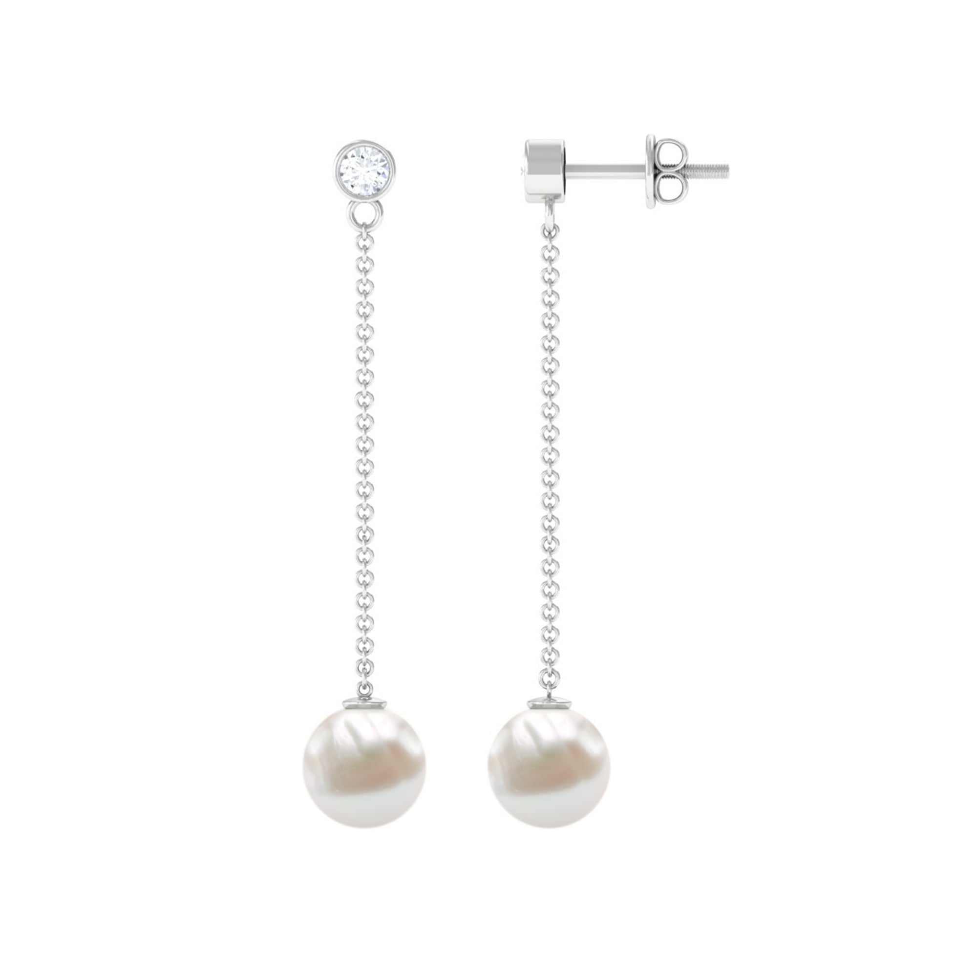 6 Carat Freshwater Pearl and Diamond Chain Drop Earrings