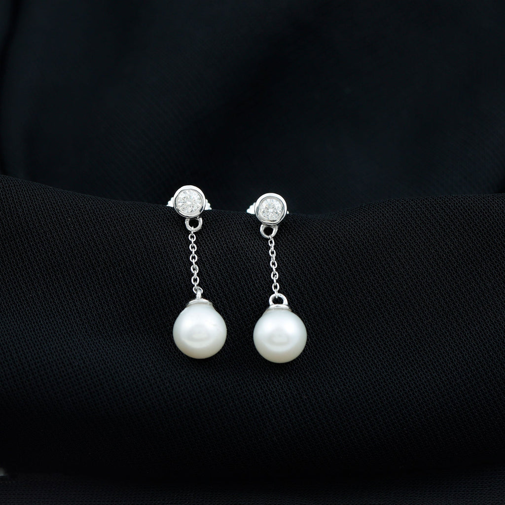 6 Carat Freshwater Pearl and Diamond Chain Drop Earrings
