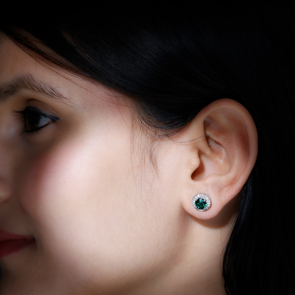 Lab Created Emerald and Diamond Wedding Stud Earrings