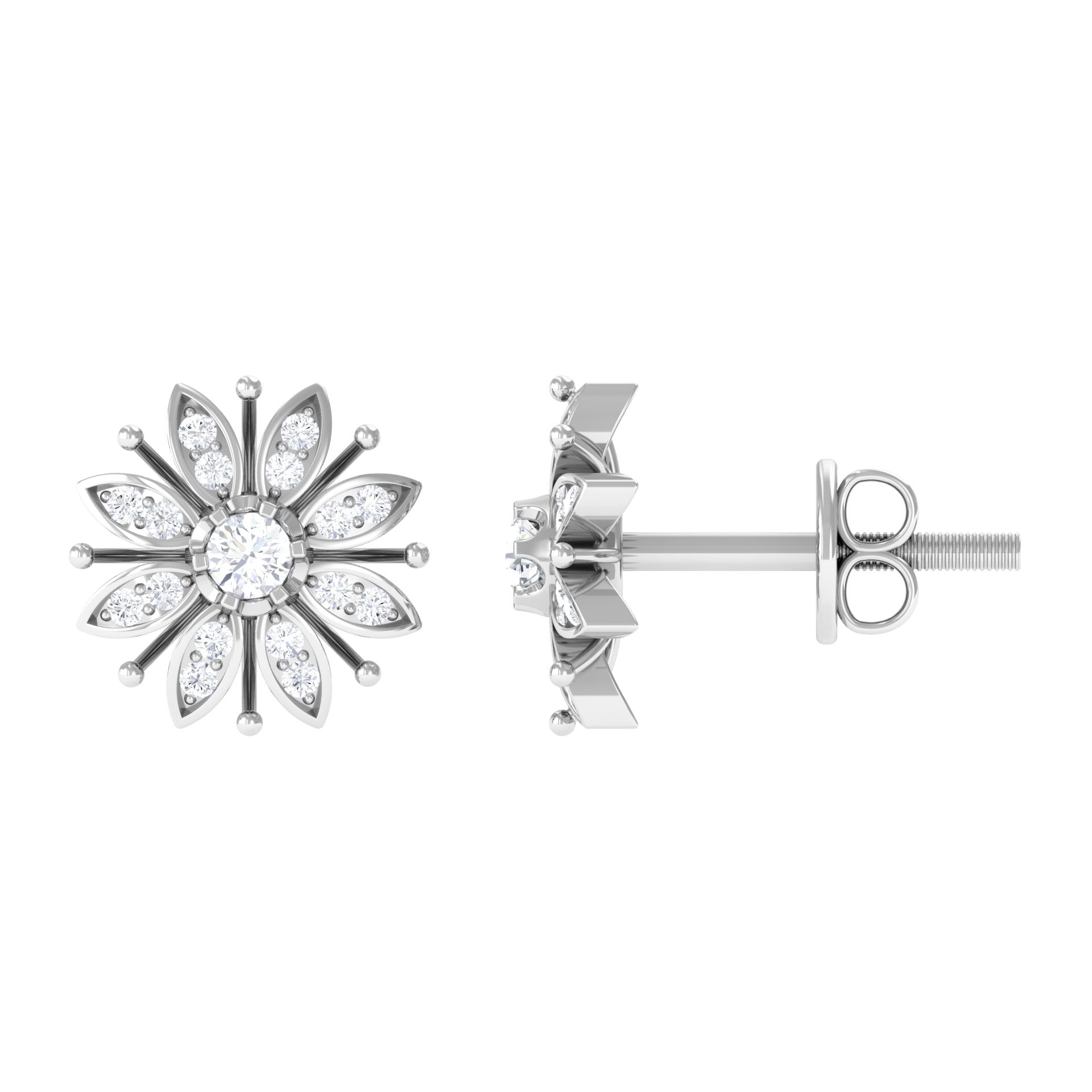 Natural Diamond Flower Stud Earrings with Screw Back