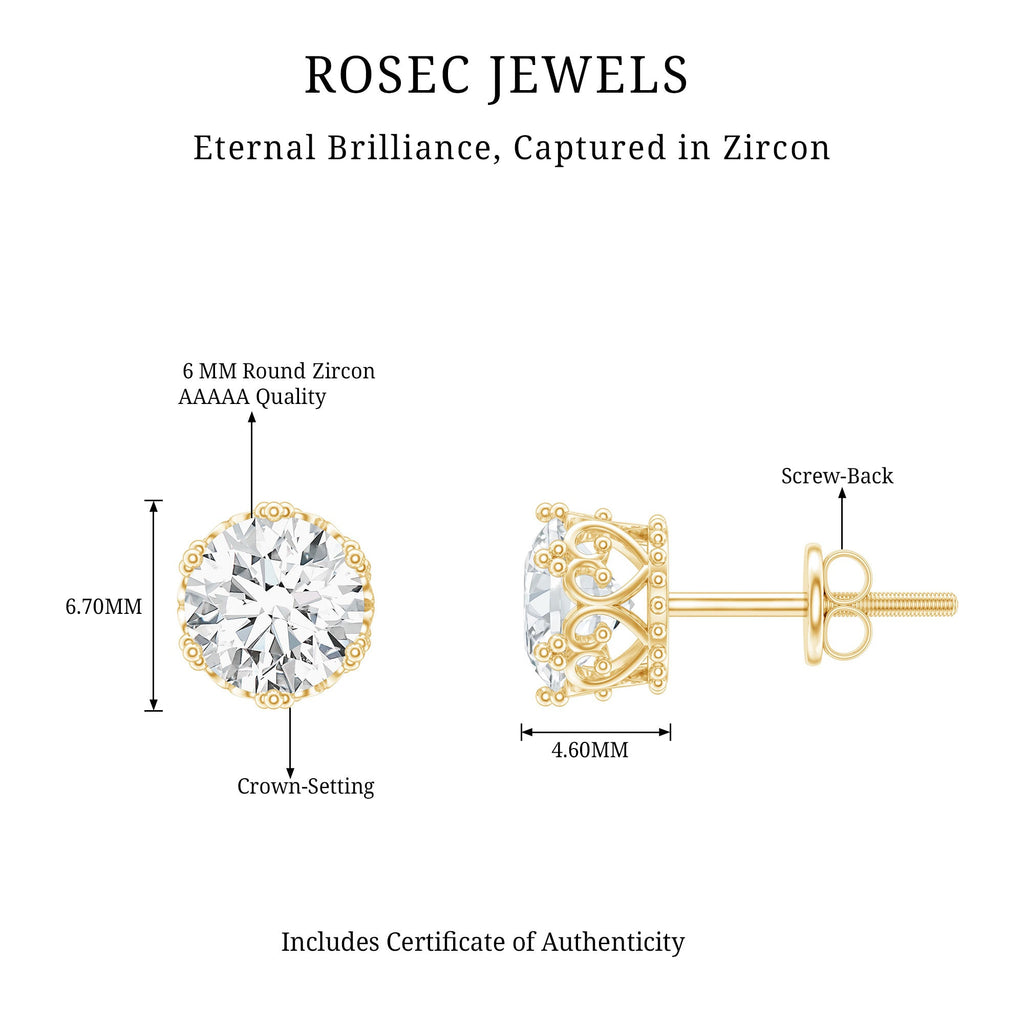 2 CT Round Cut Zircon Solitaire Stud Earrings in Crown Setting