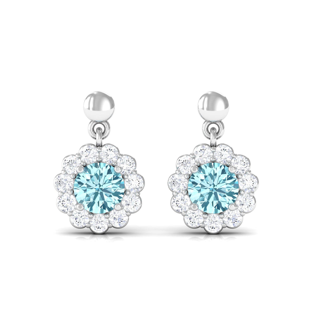 1 CT Real Aquamarine and Diamond Flower Halo Drop Earrings