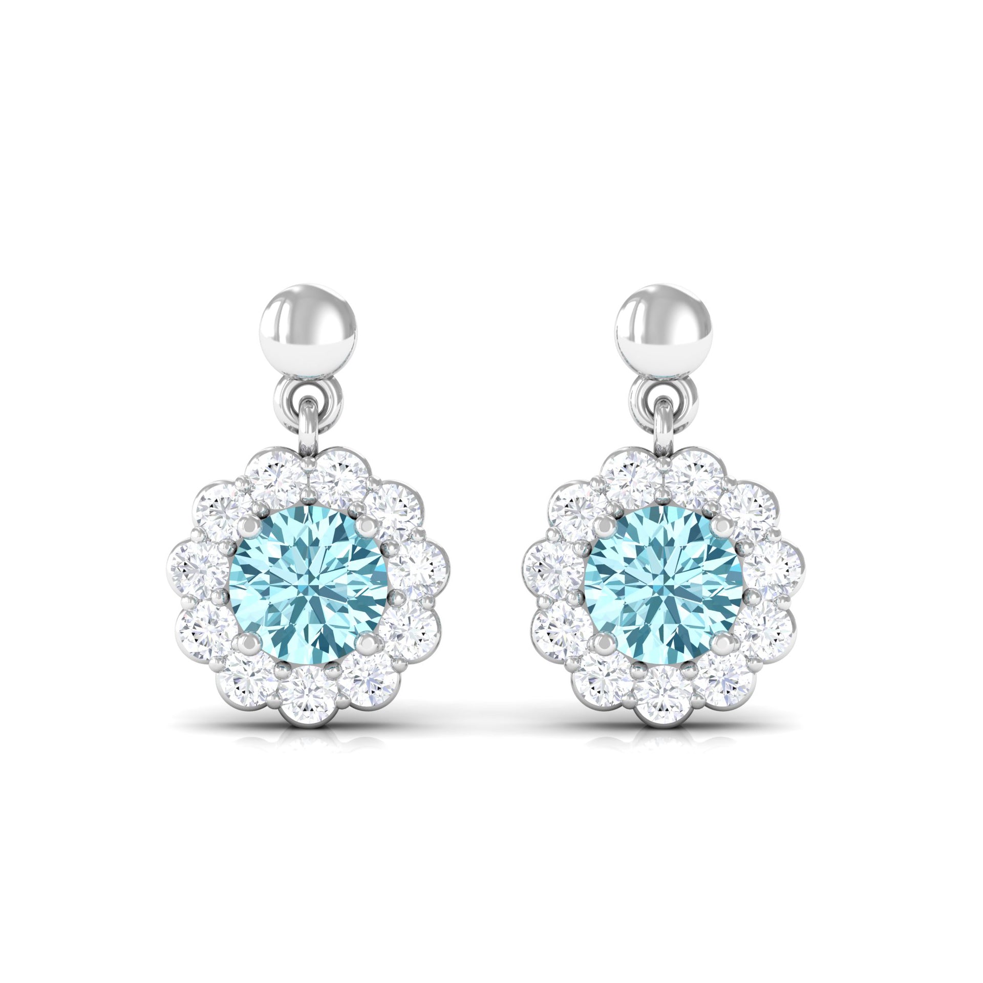 1 CT Real Aquamarine and Diamond Flower Halo Drop Earrings