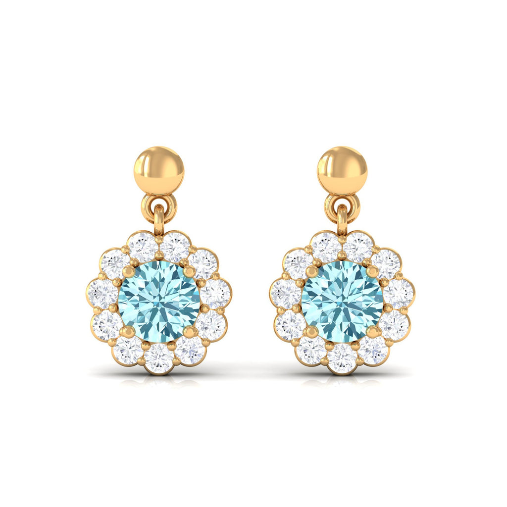 1 CT Real Aquamarine and Diamond Flower Halo Drop Earrings