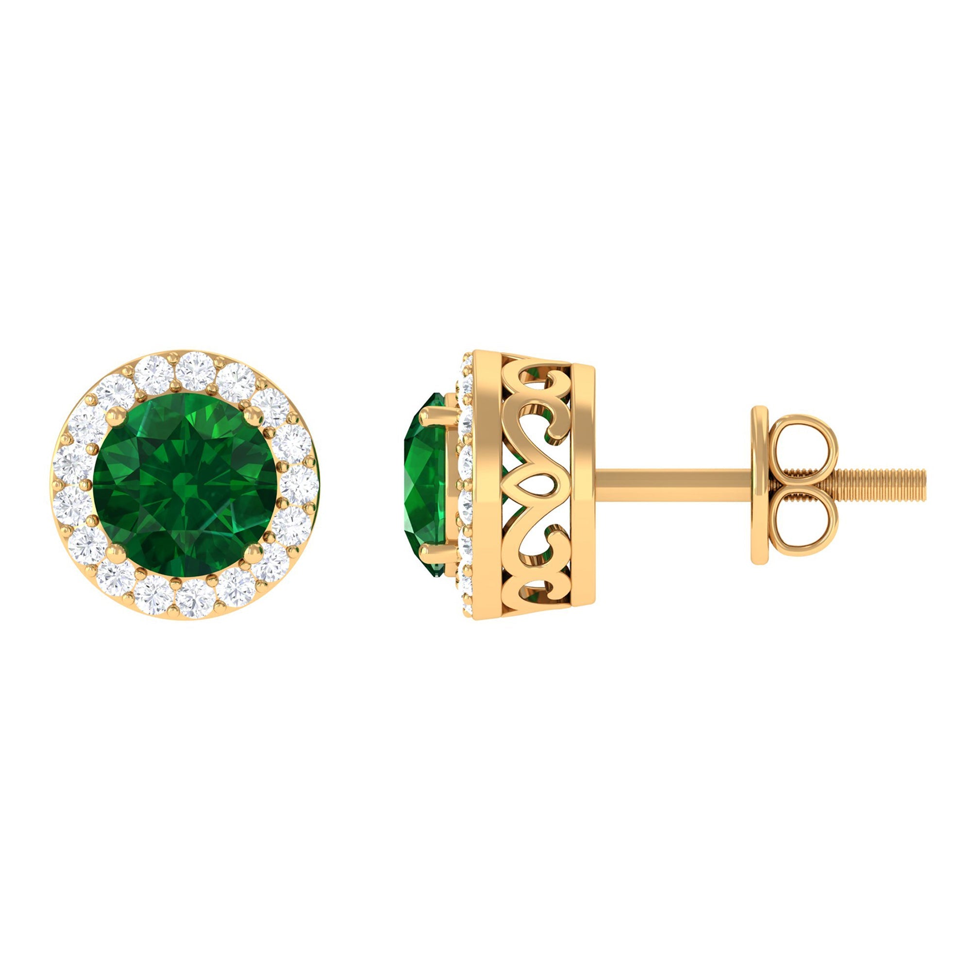 Created Emerald and Diamond Classic Halo Stud Earrings
